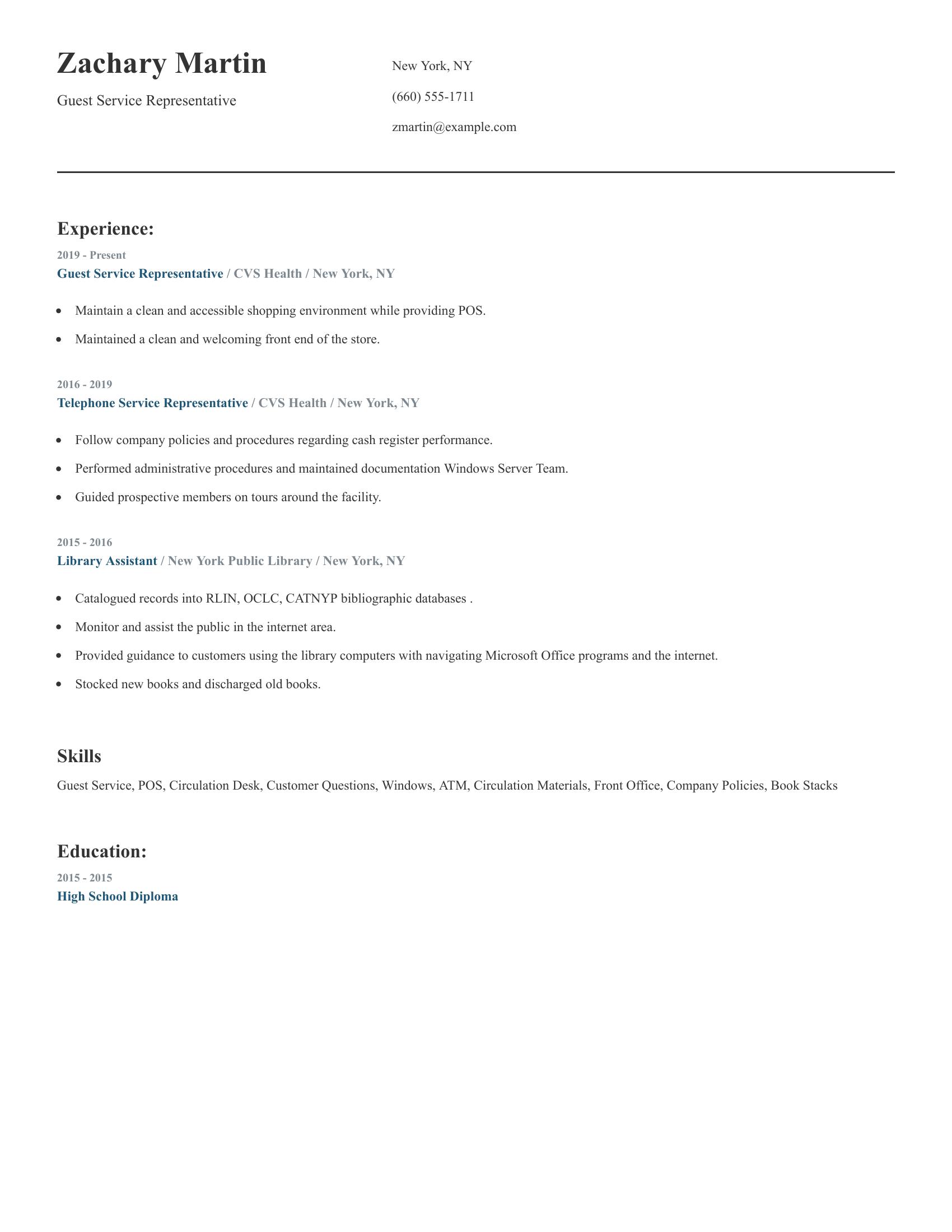 Guest Service Representative resume example