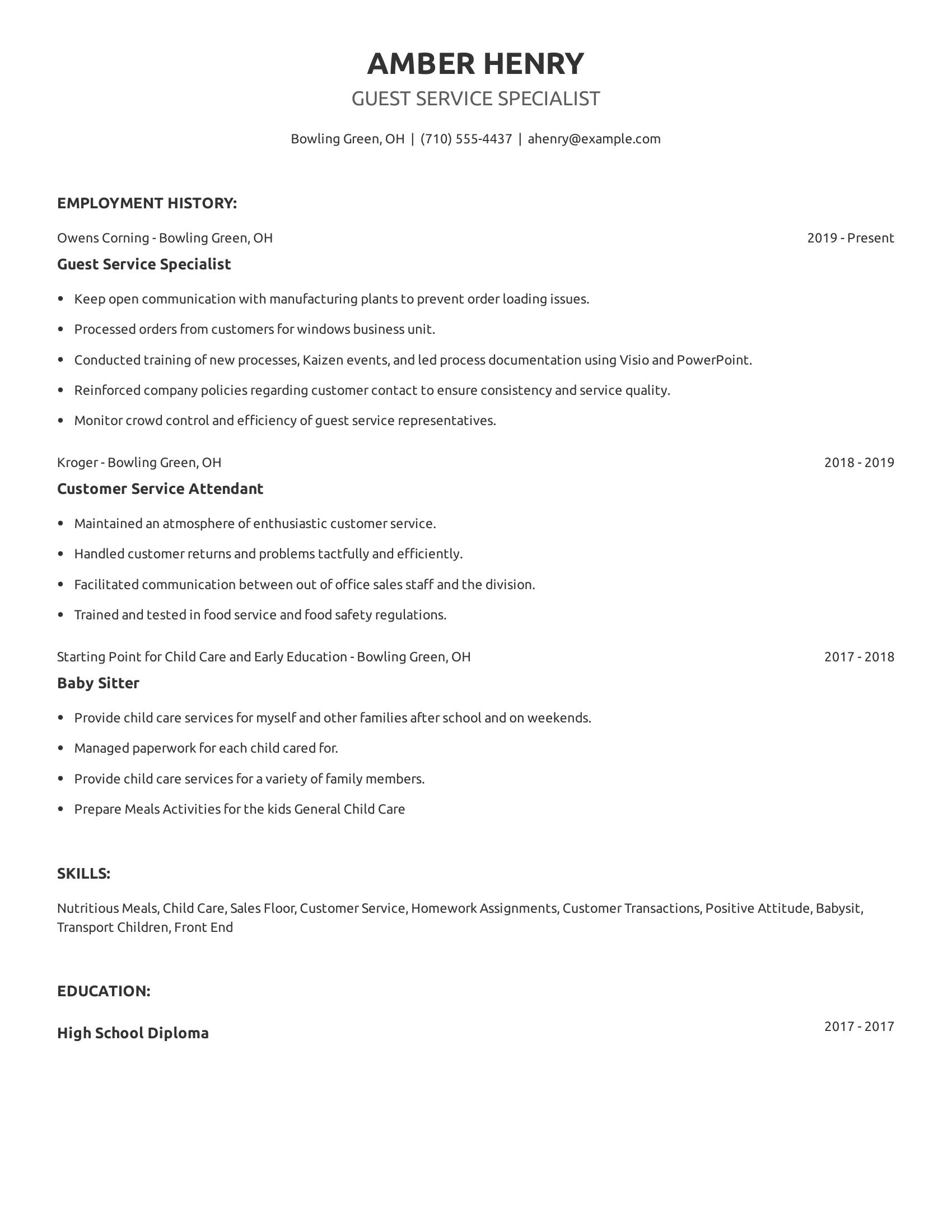 Guest Service Specialist resume example