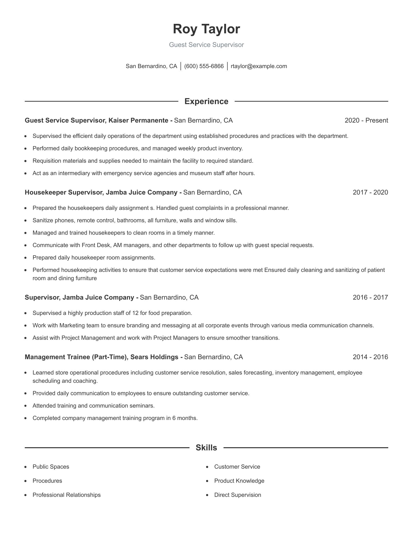 Guest Service Supervisor resume example