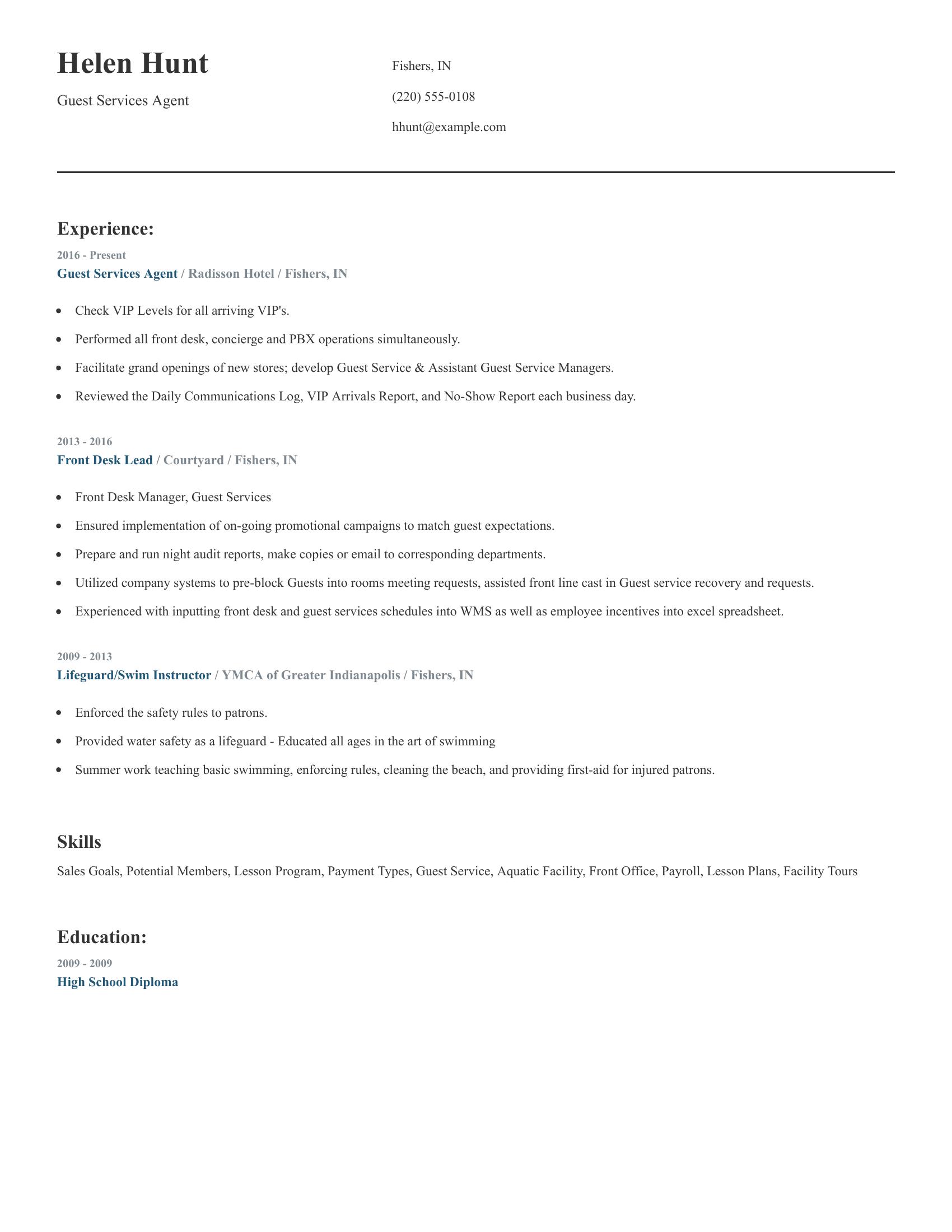 Guest Services Agent resume example