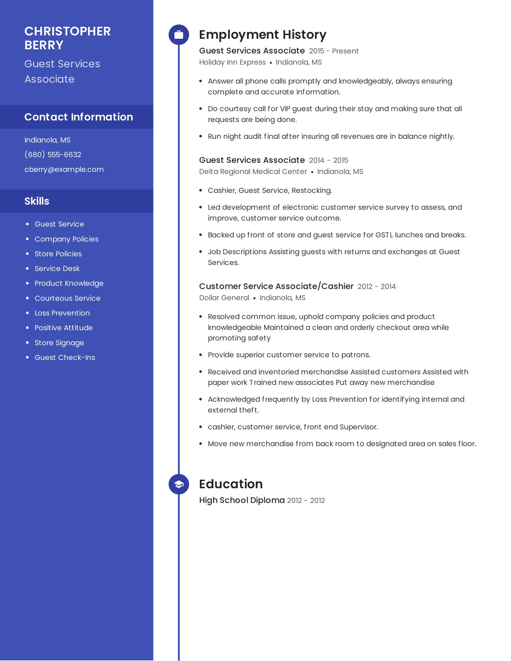Guest Services Associate resume example