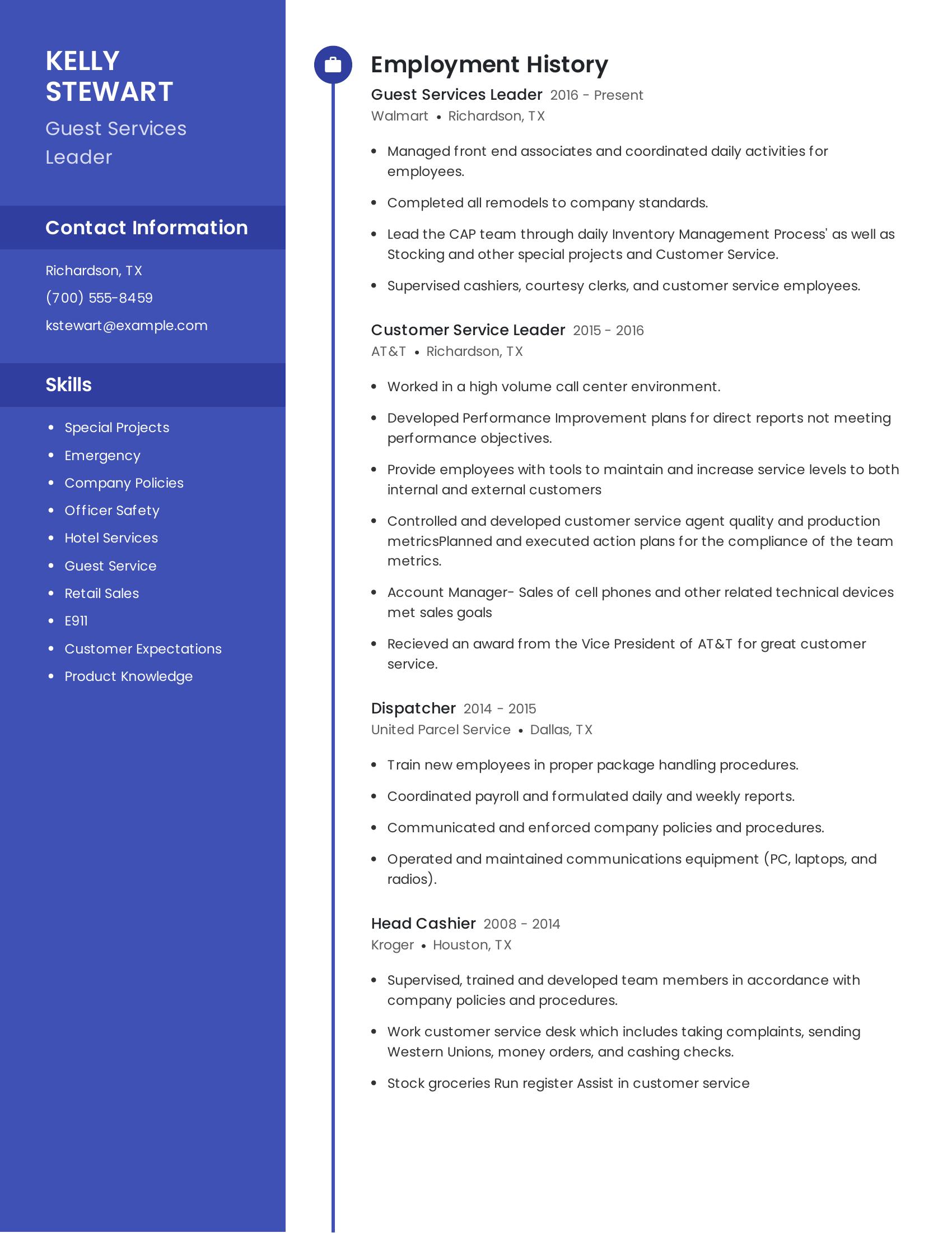 Guest Services Leader resume example