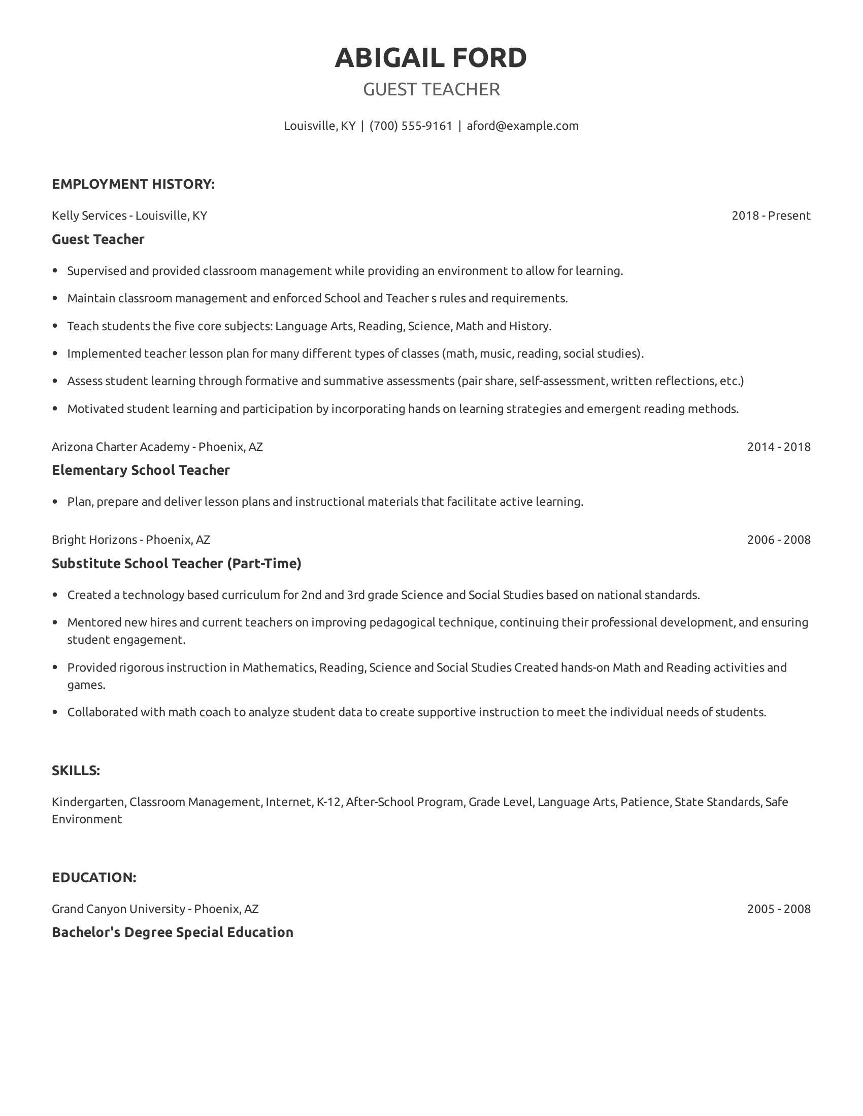 Guest Teacher resume example