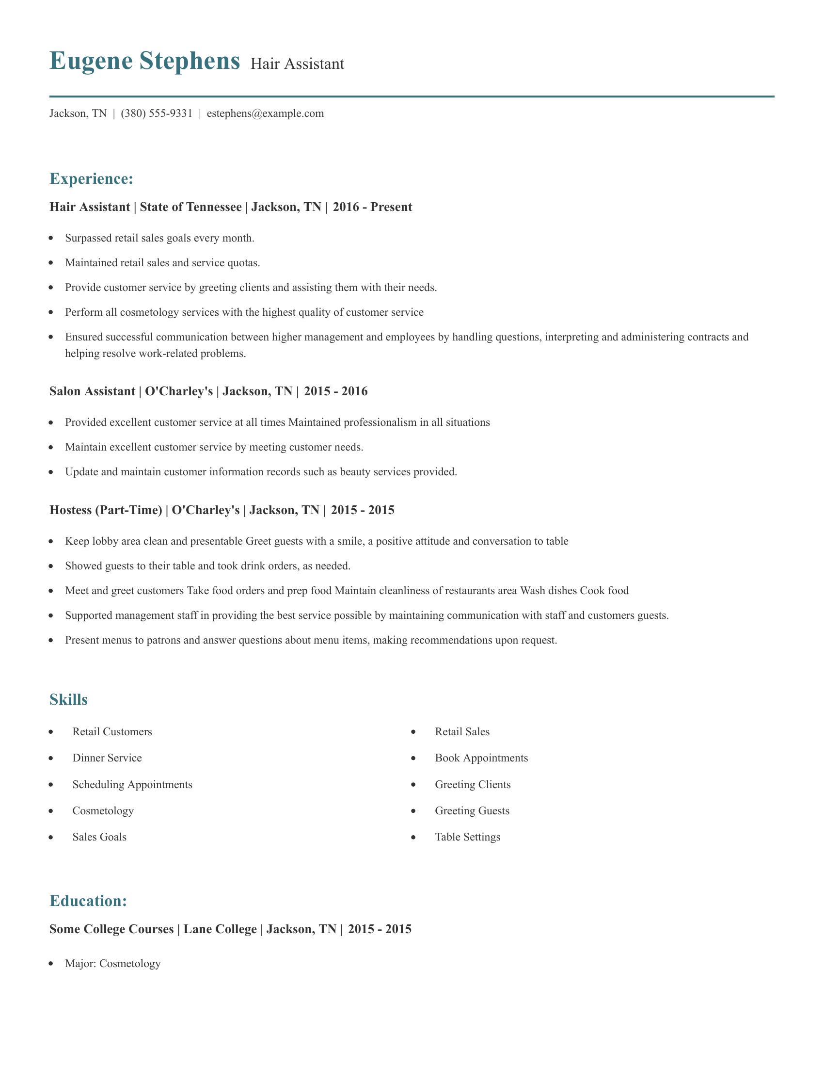 Hair Assistant resume example