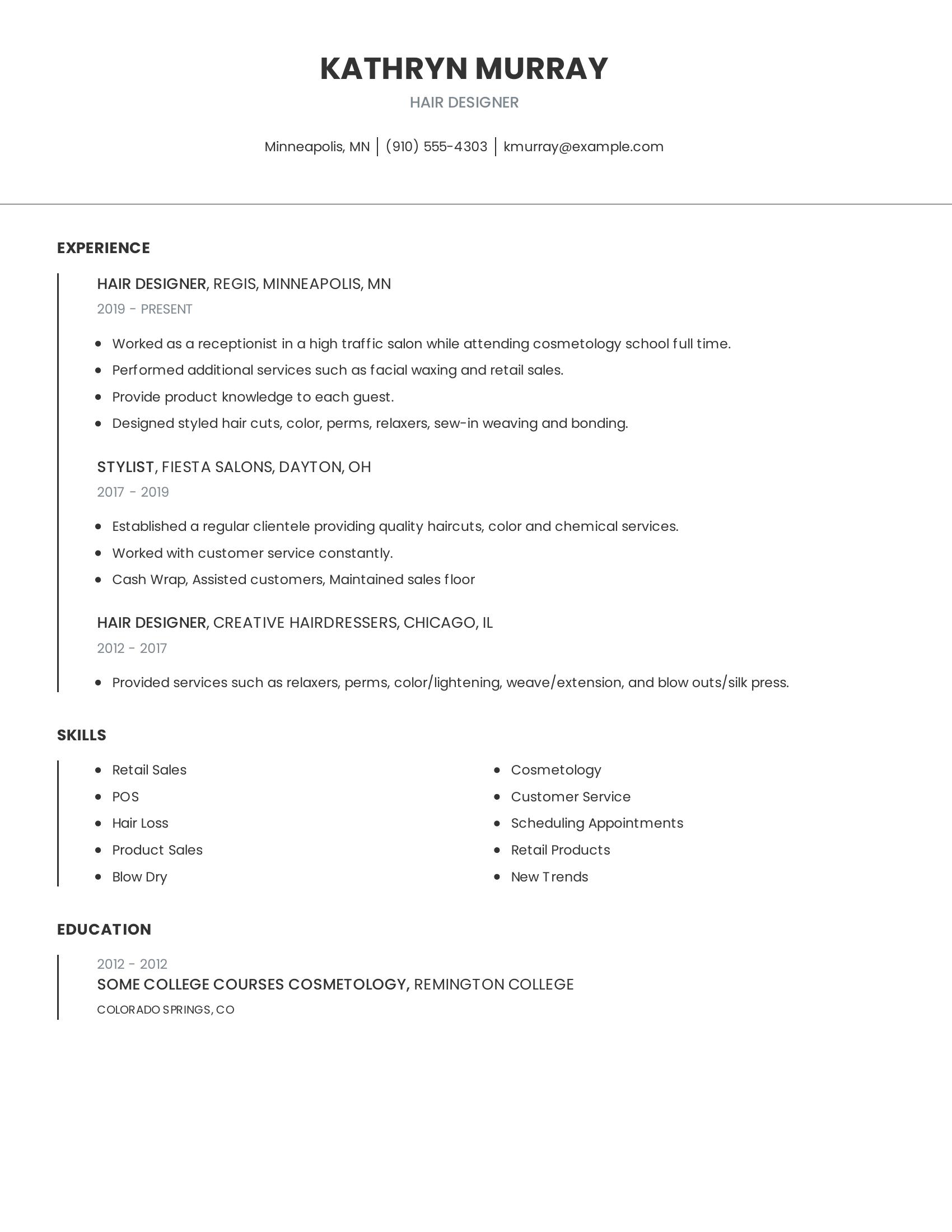 Hair Designer resume example