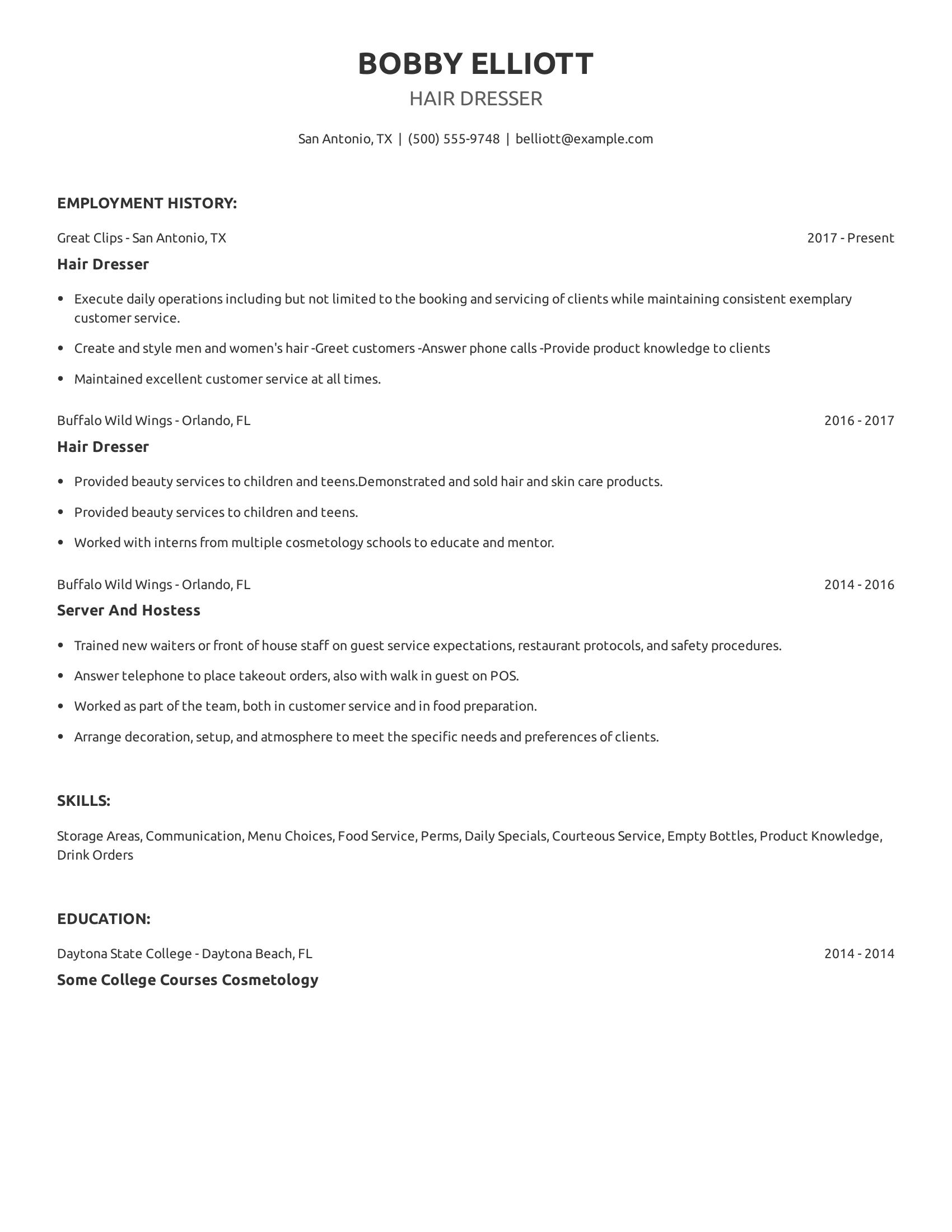 Hair Dresser resume example