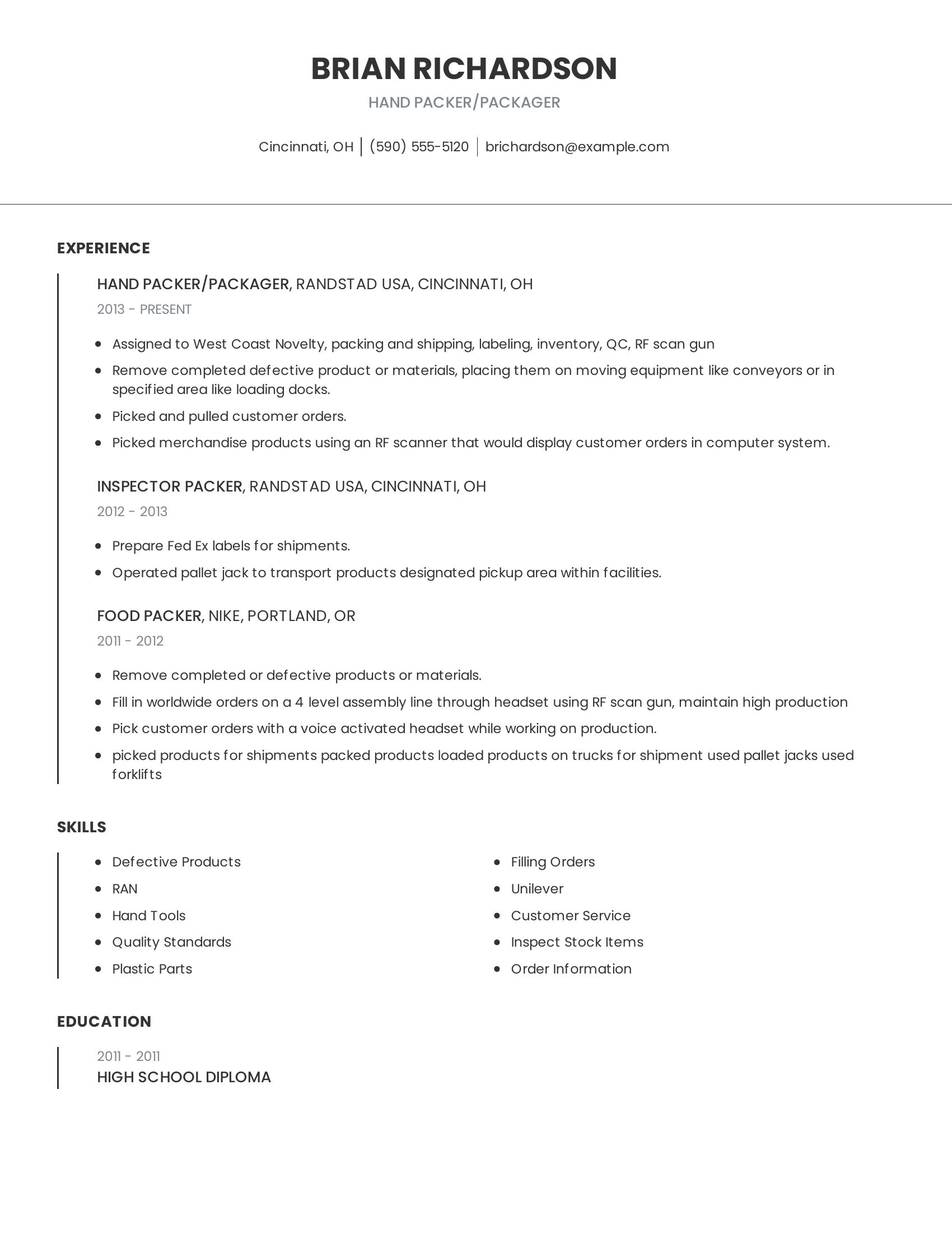 Hand Packer/Packager resume example