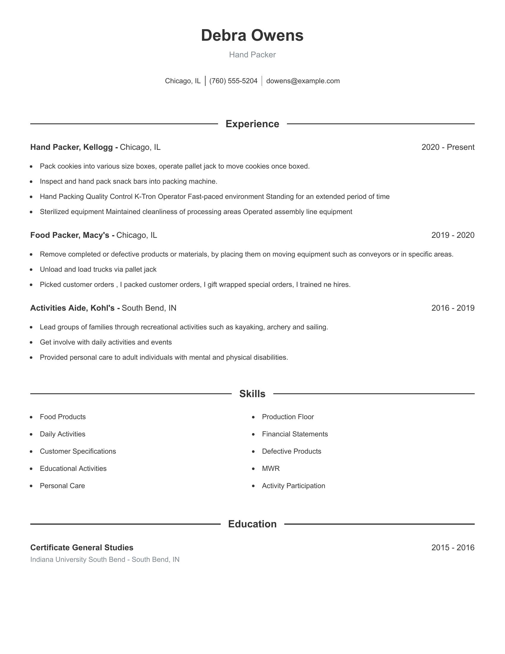 Hand Packer resume example