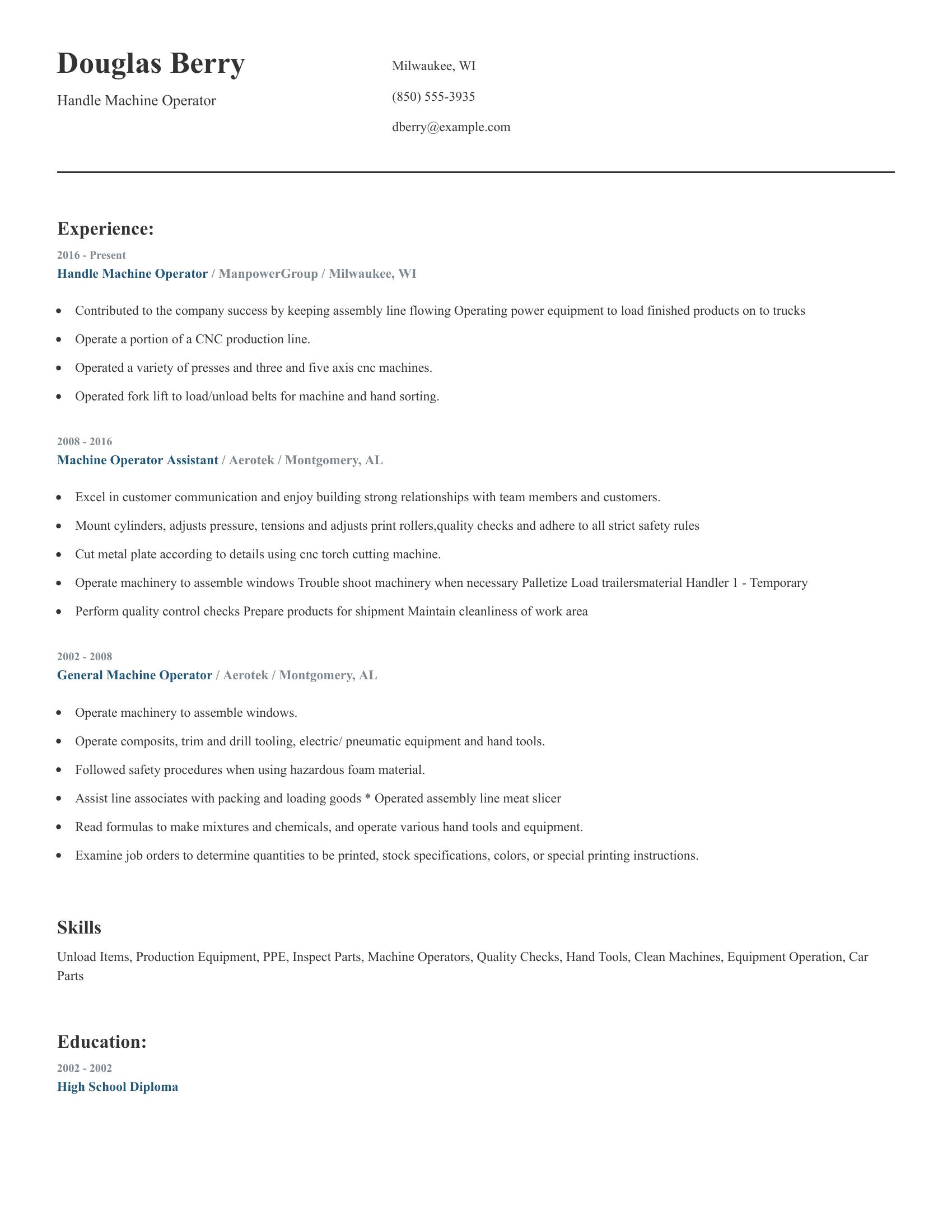 Handle Machine Operator resume example