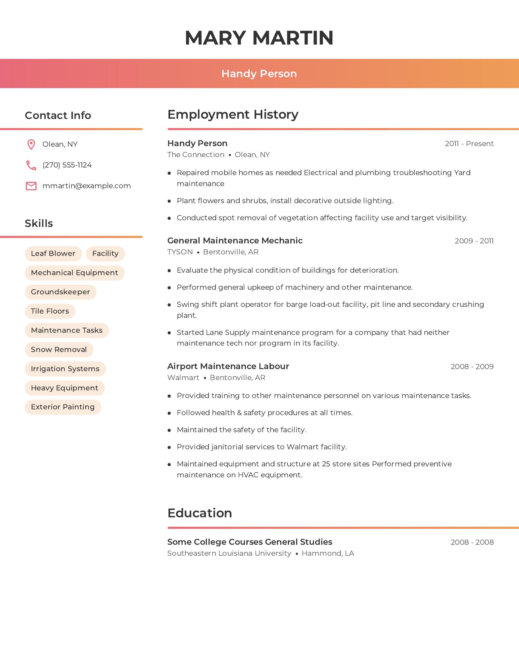 Handy Person resume example