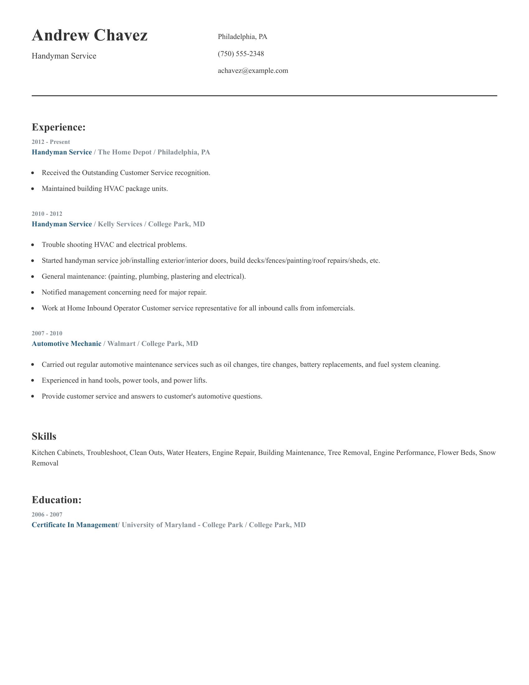 Handyman Service resume example