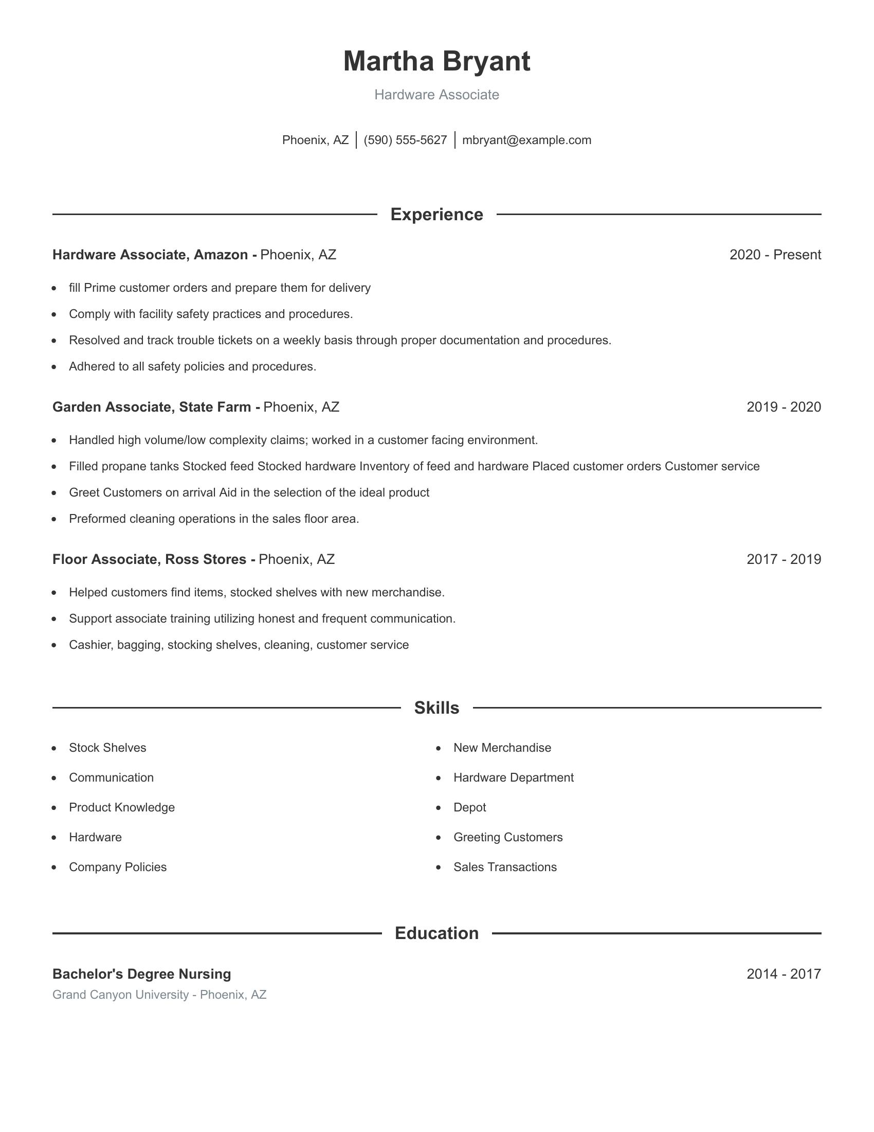 Hardware Associate resume example