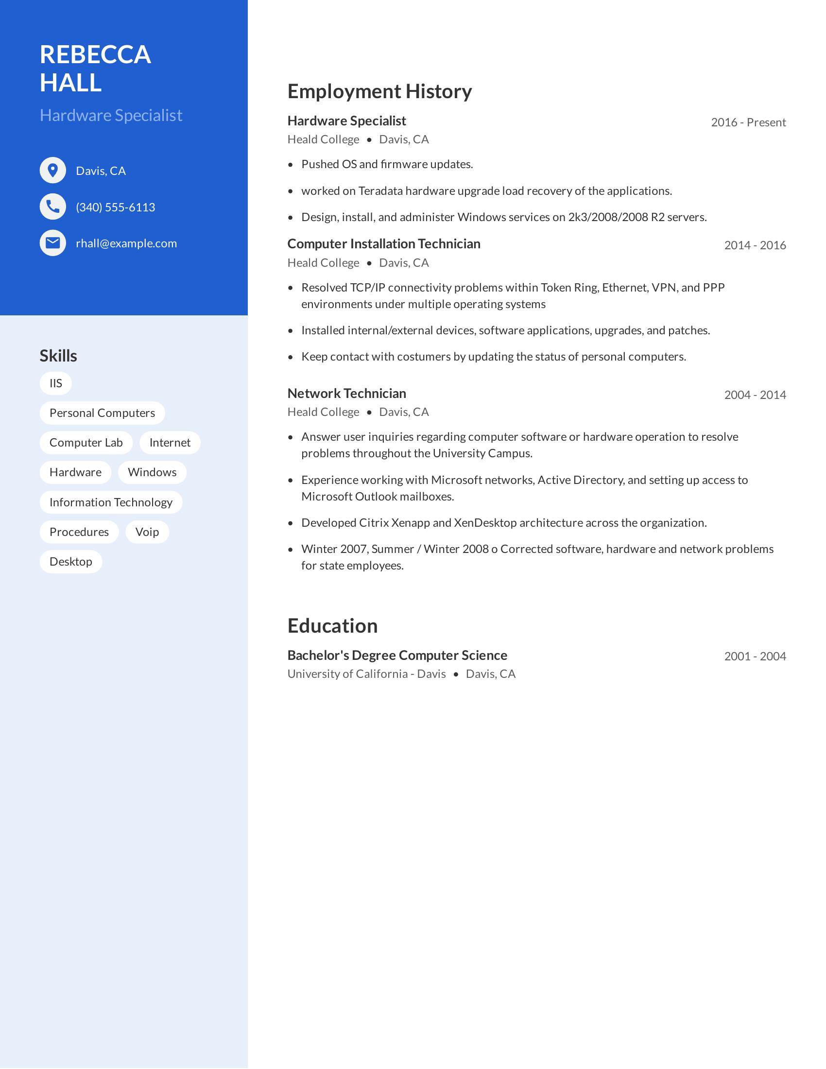 Hardware Specialist resume example