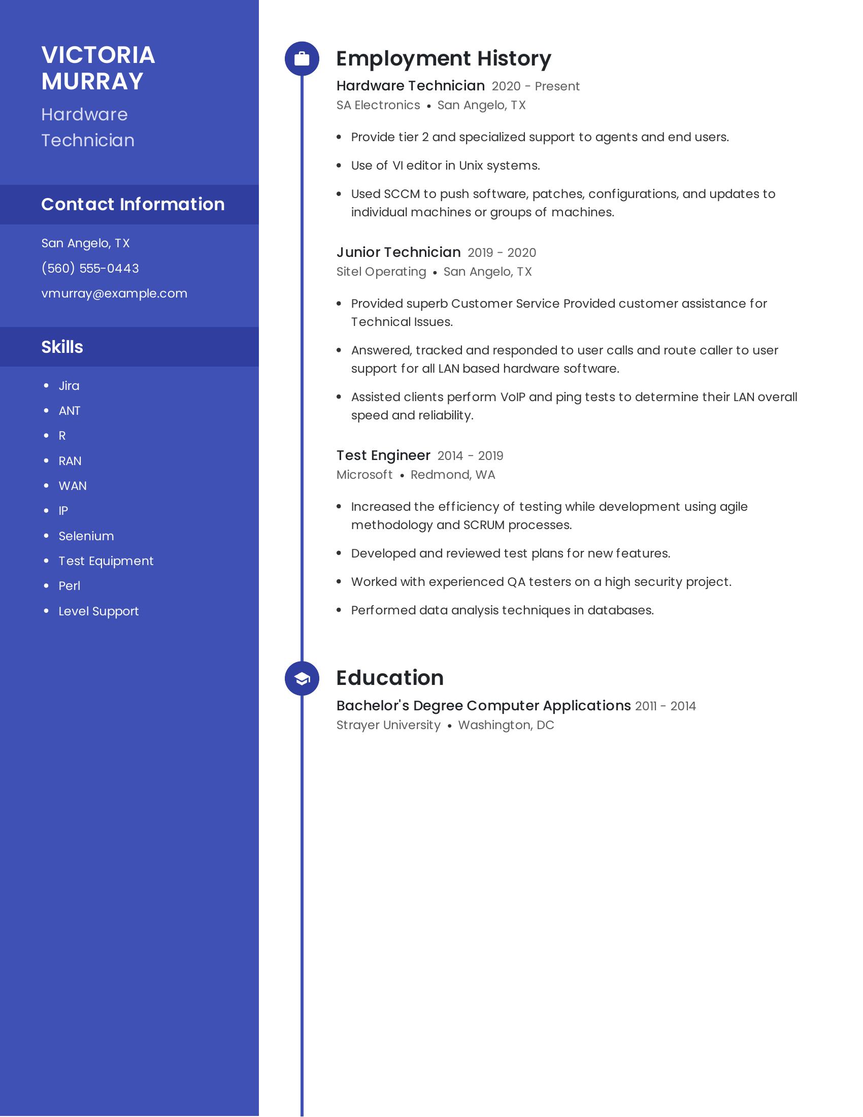 Hardware Technician resume example