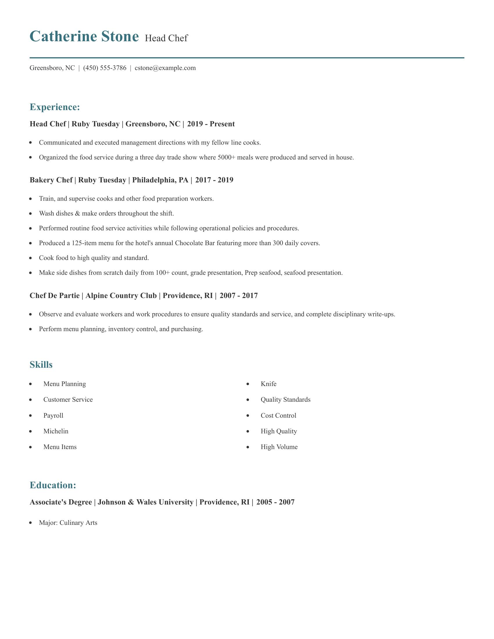 Head Chef resume example