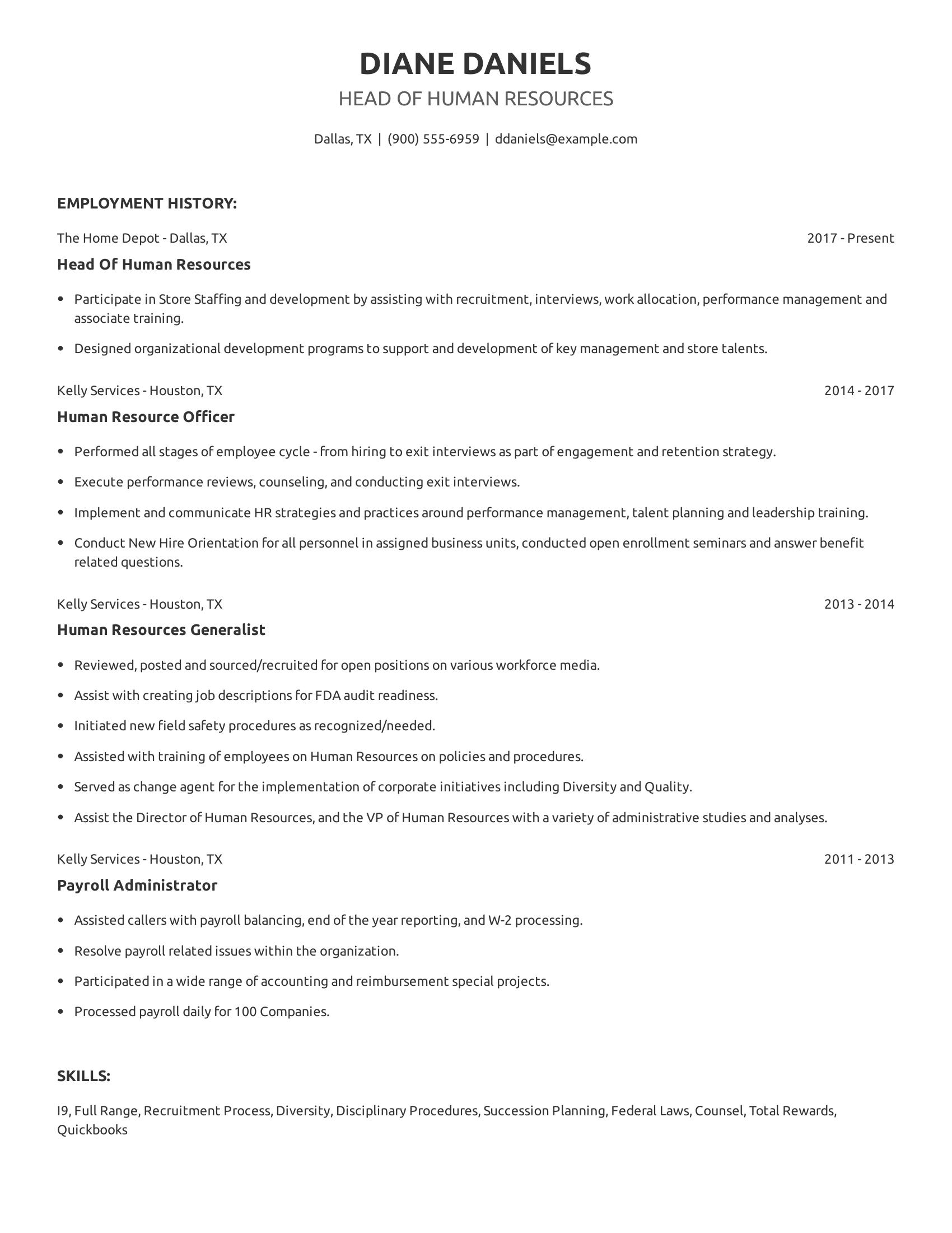 Head Of Human Resources resume example