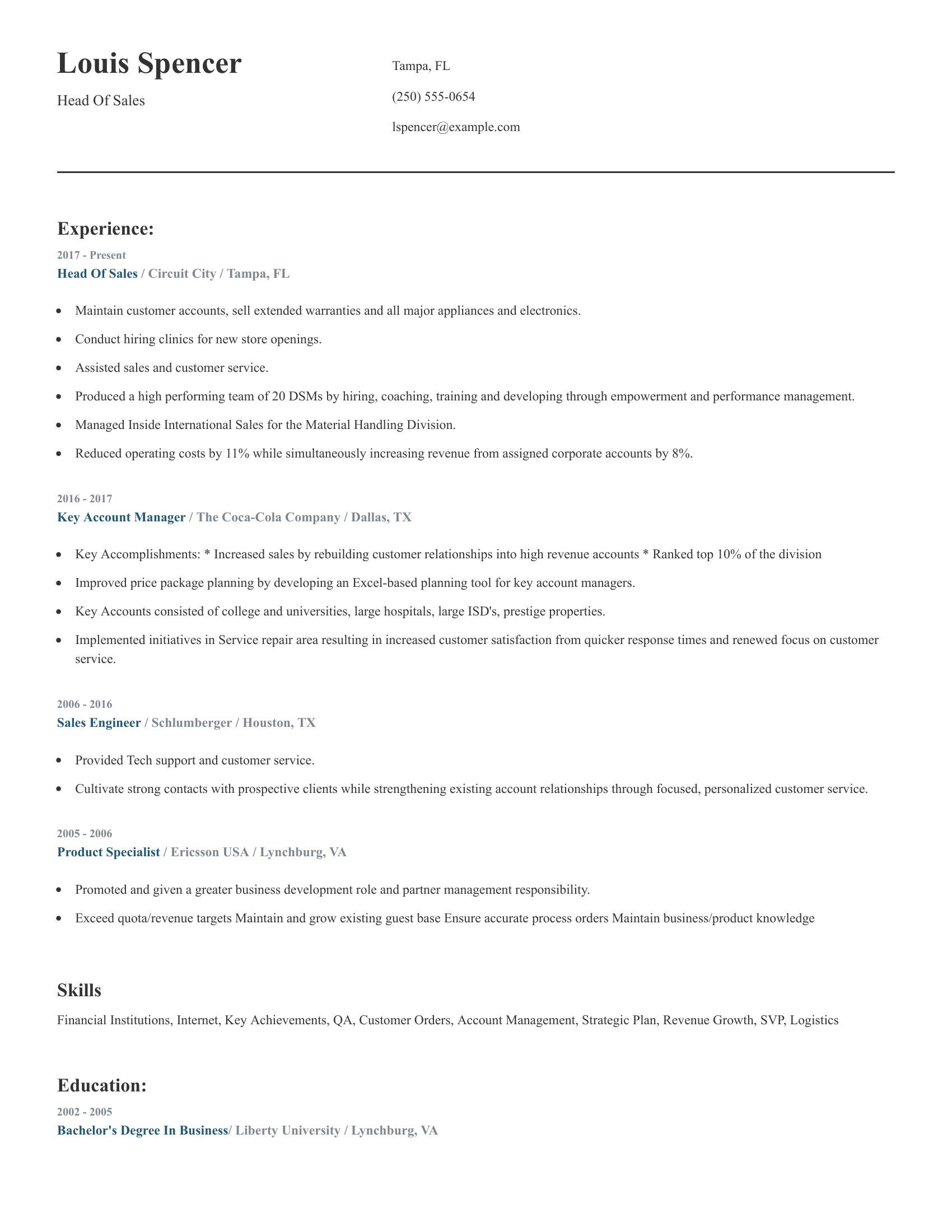 Head Of Sales resume example