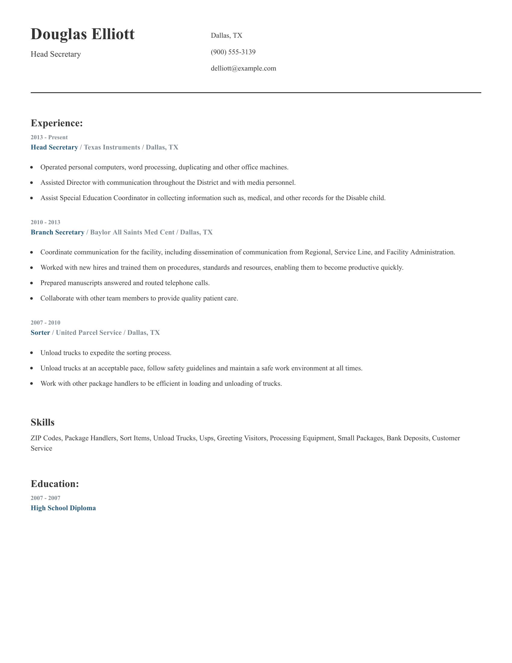 Head Secretary resume example