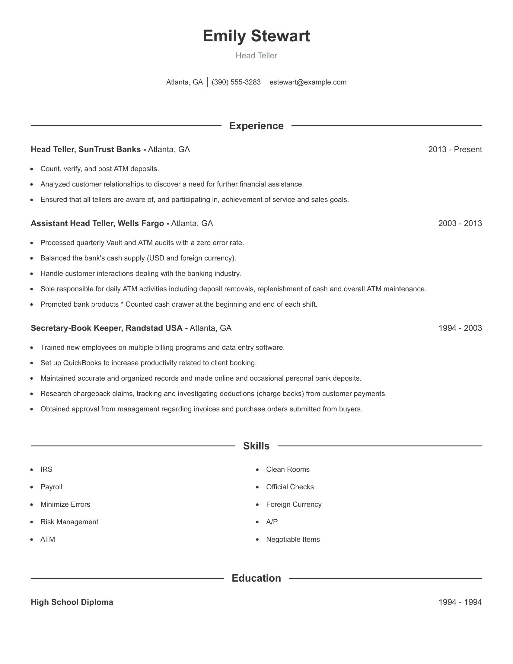 Head Teller resume example