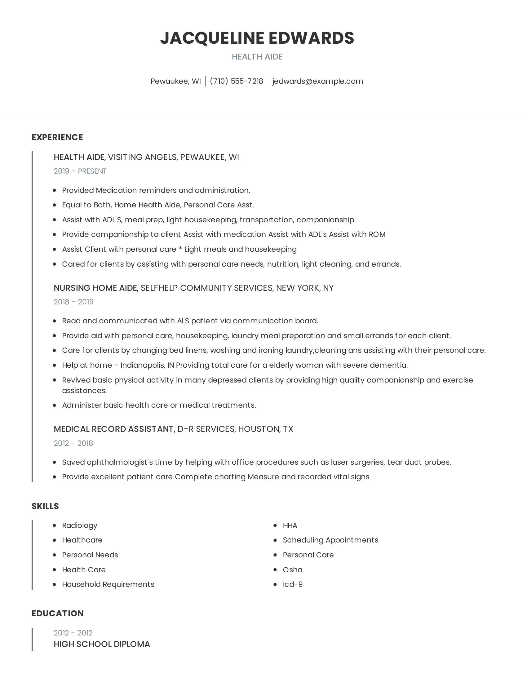 Health Aide resume example