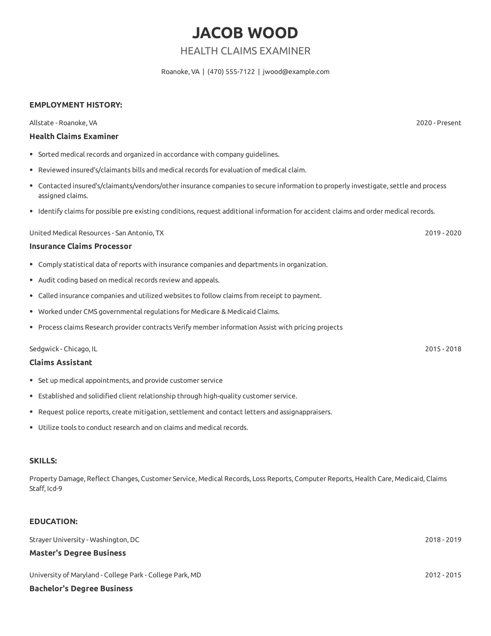 Health Claims Examiner resume example