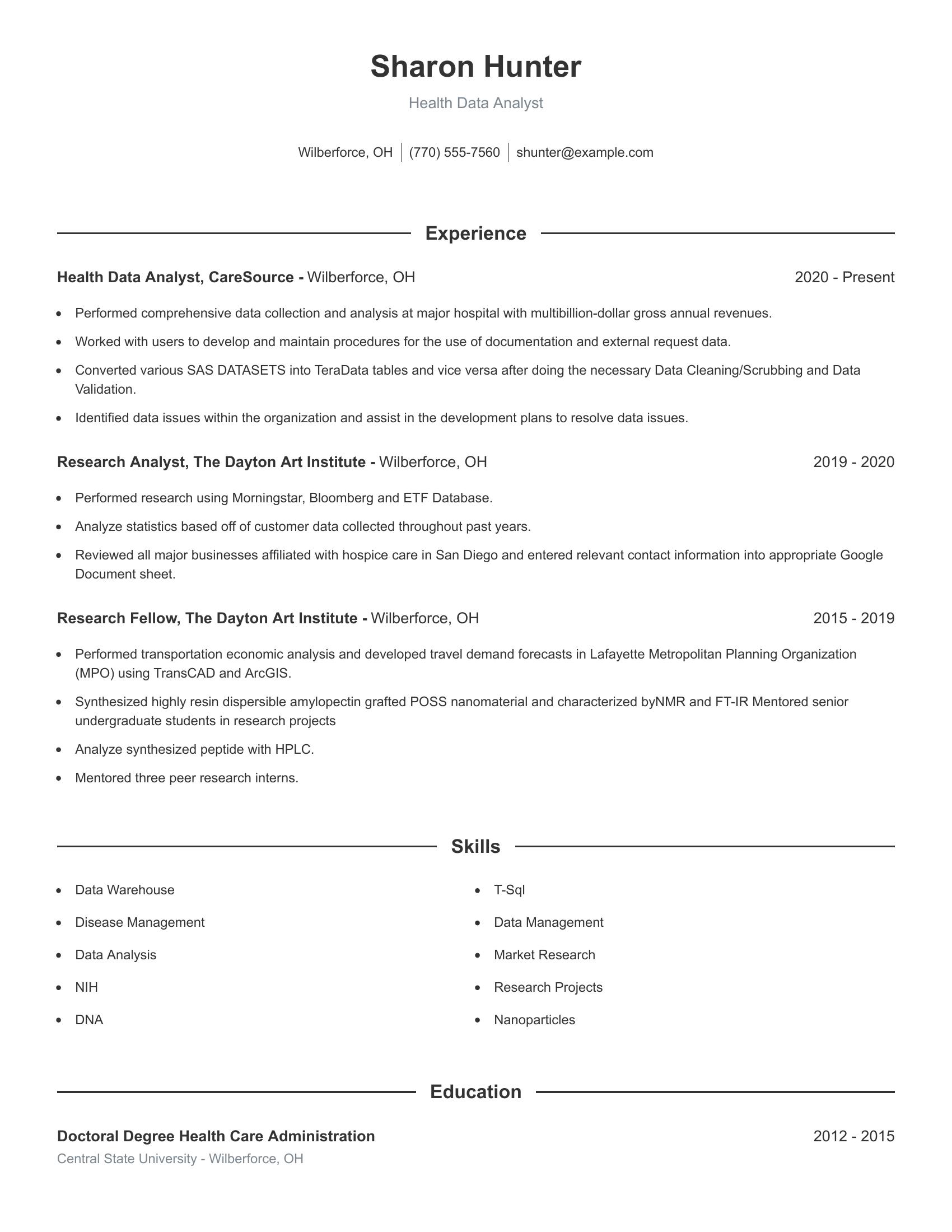 Health Data Analyst resume example