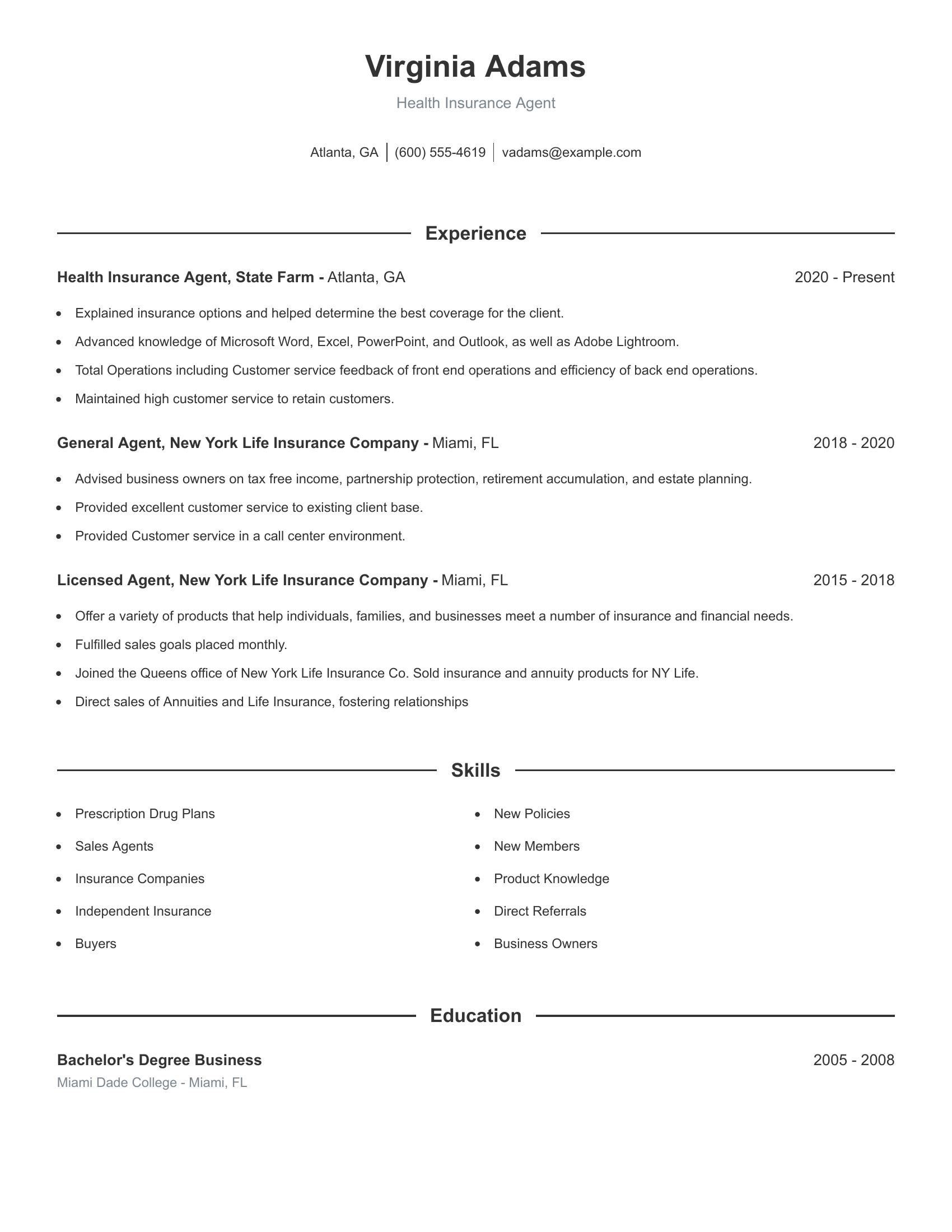 Health Insurance Agent resume example