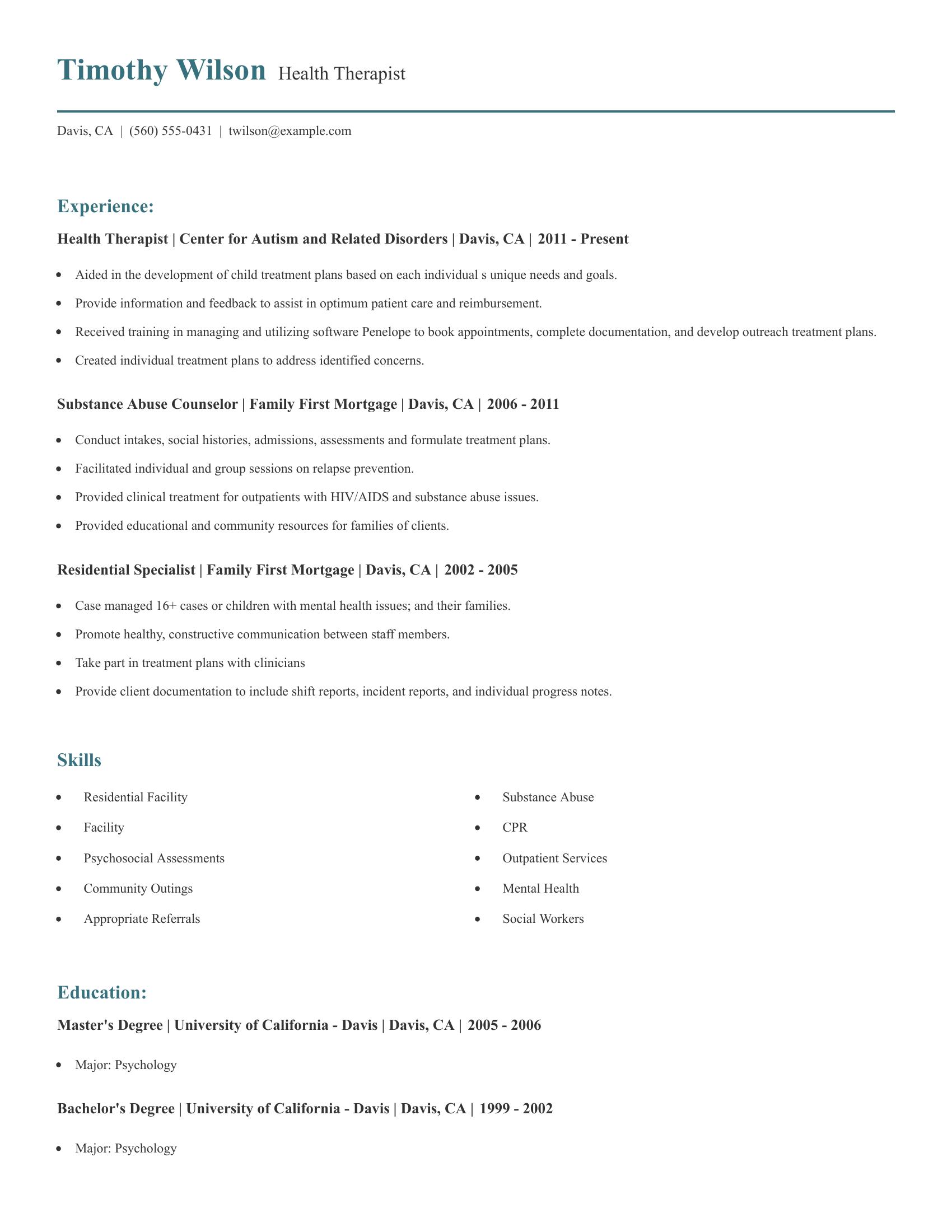 Health Therapist resume example