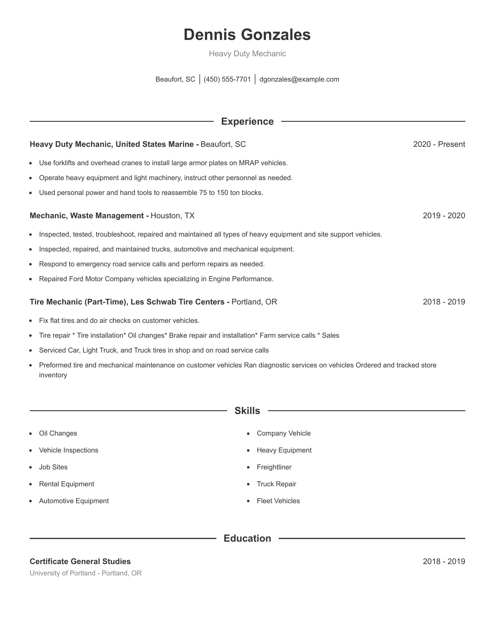 Heavy Duty Mechanic resume example