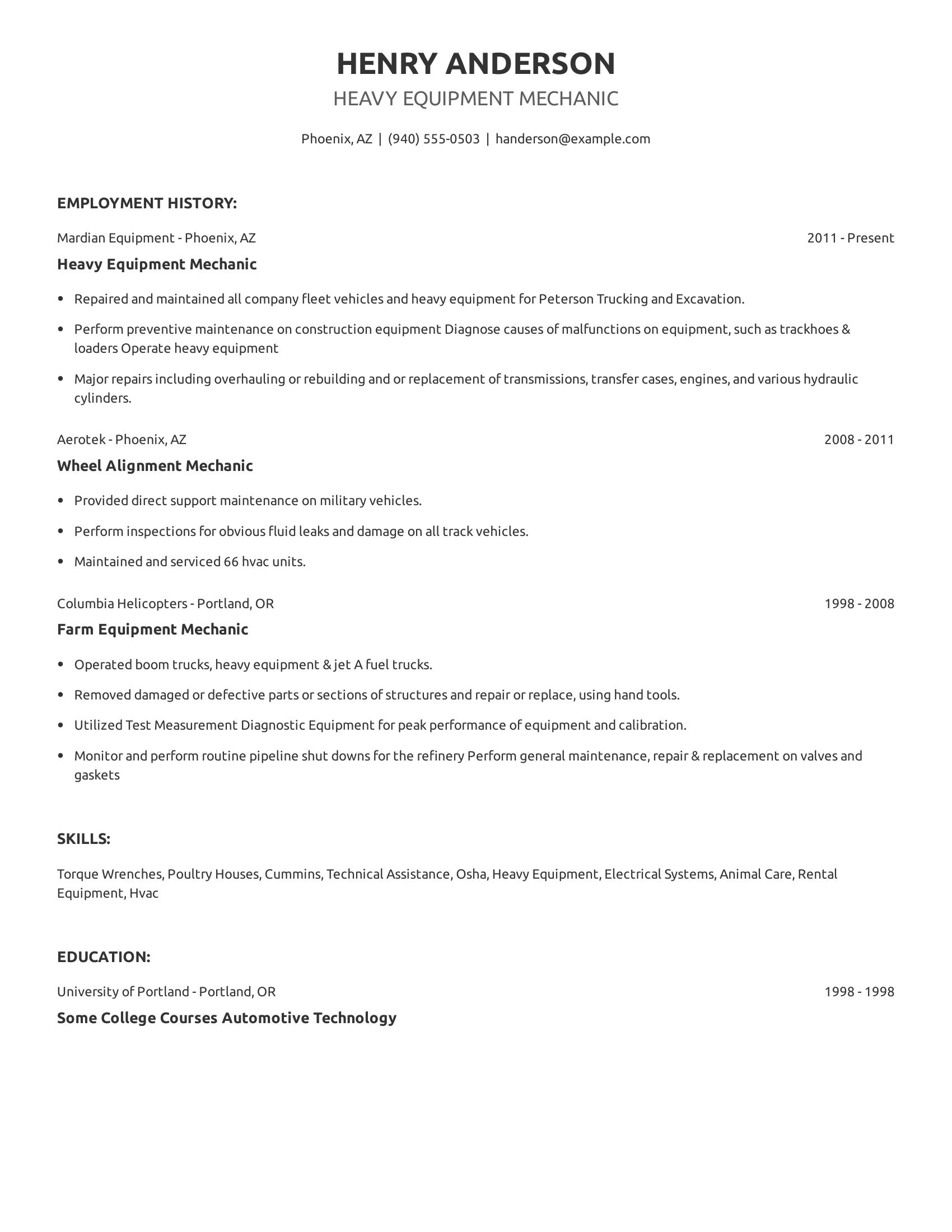 Heavy Equipment Mechanic resume example