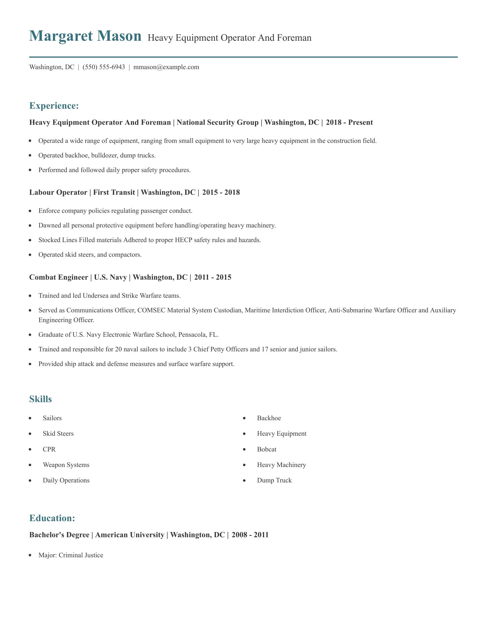 Heavy Equipment Operator And Foreman resume example