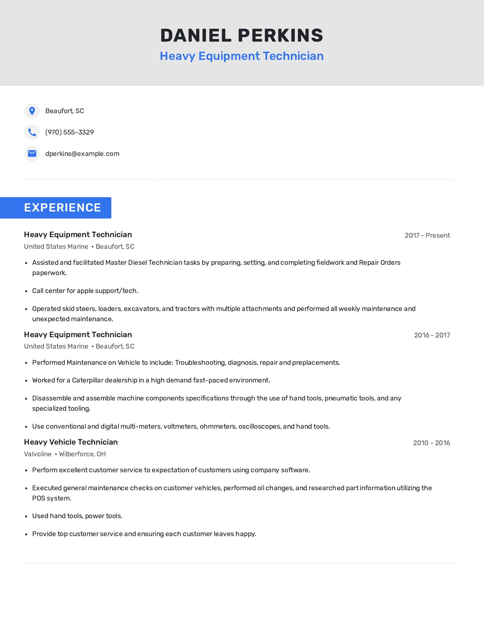 Heavy Equipment Technician resume example