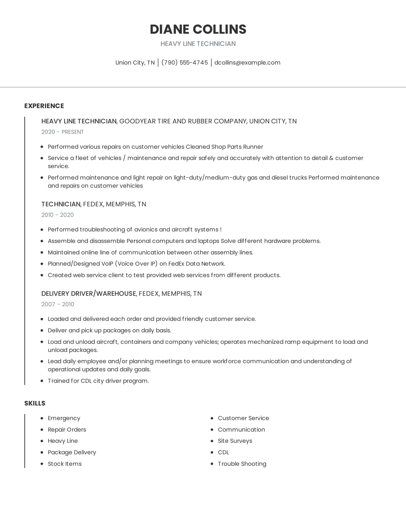 Heavy Line Technician resume example