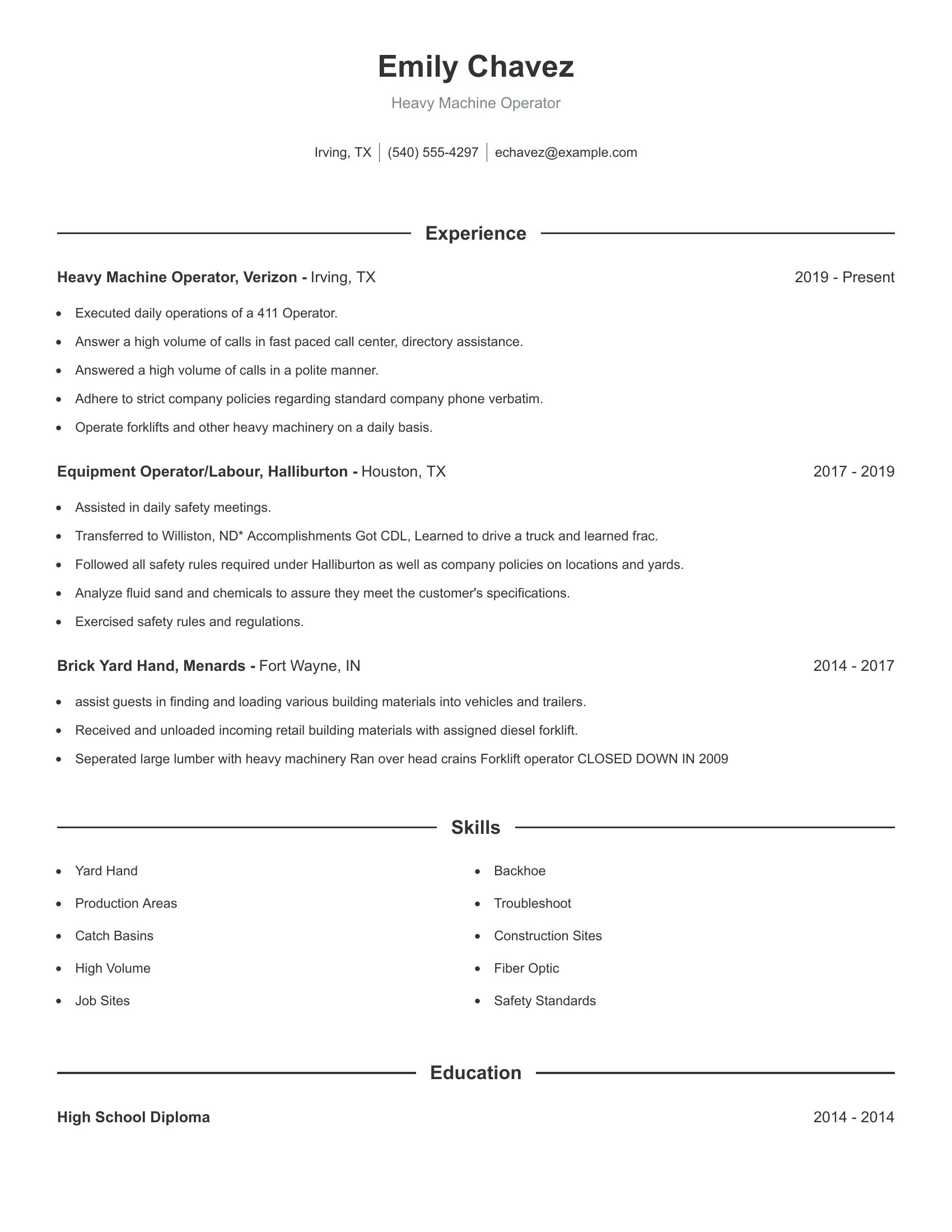 Heavy Machine Operator resume example