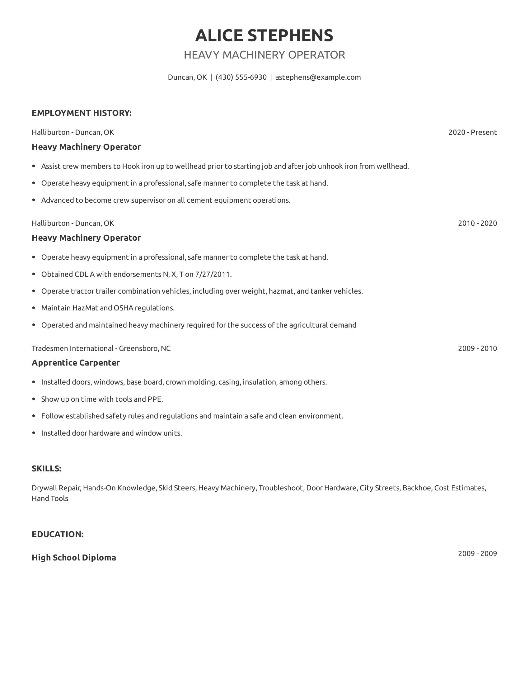 Heavy Machinery Operator resume example