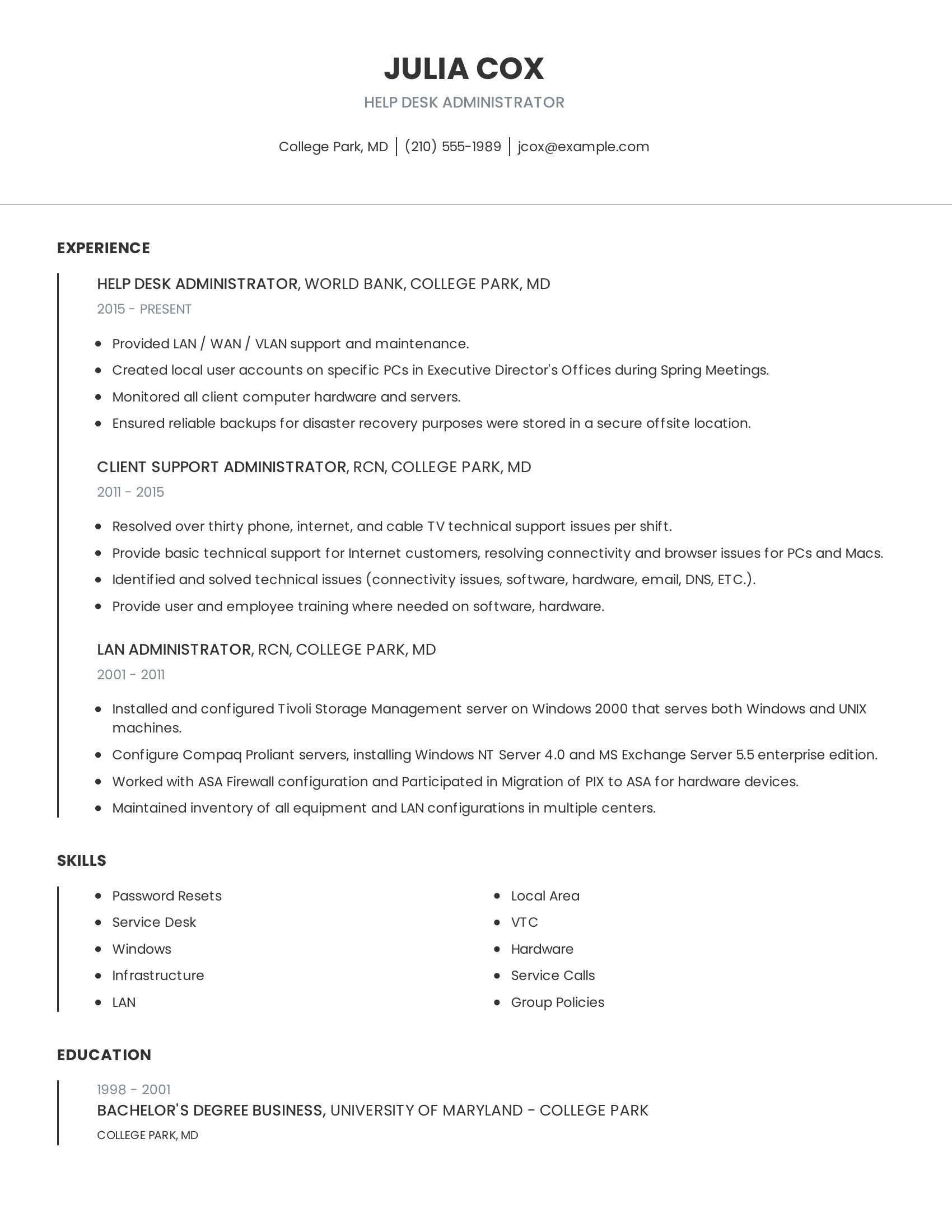 Help Desk Administrator resume example