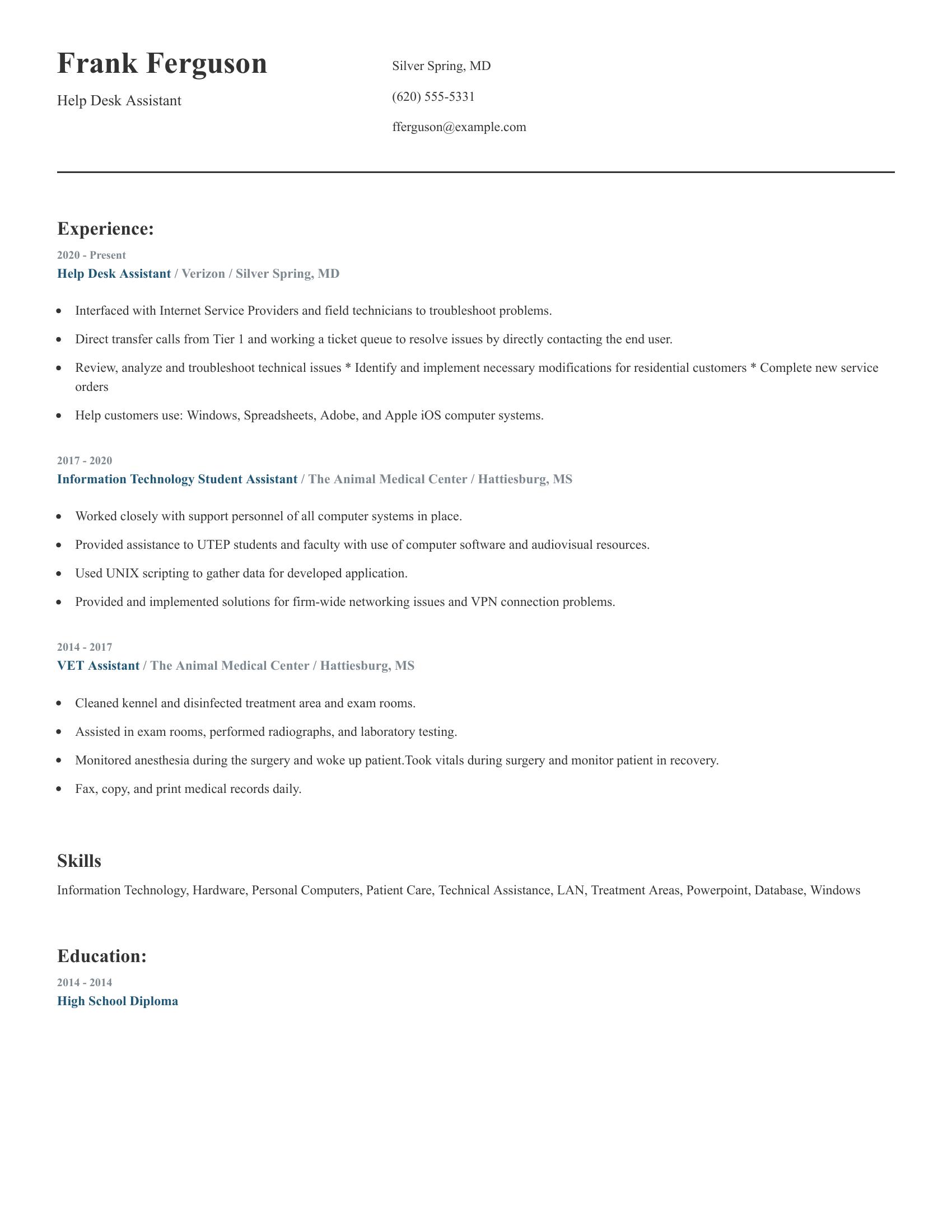 Help Desk Assistant resume example