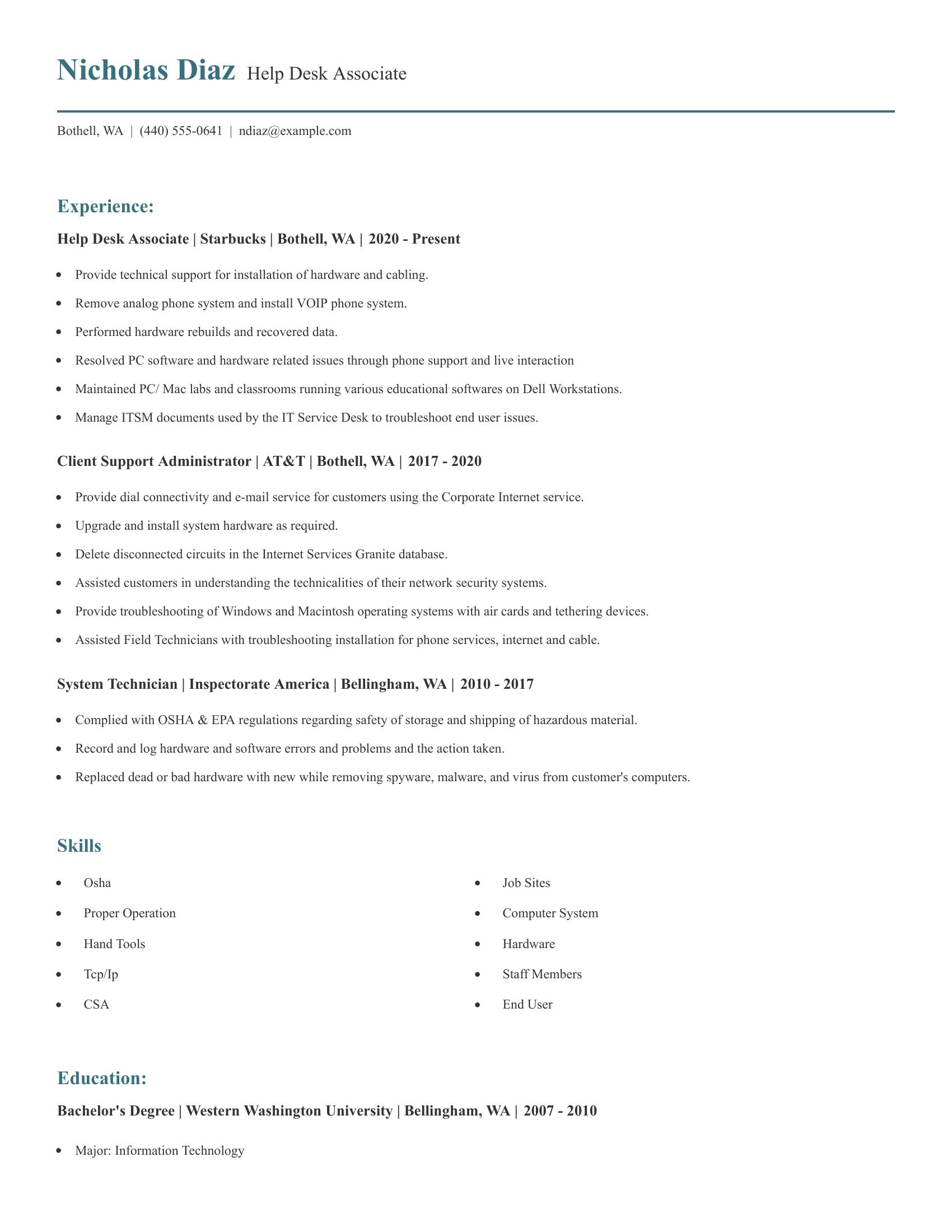 Help Desk Associate resume example