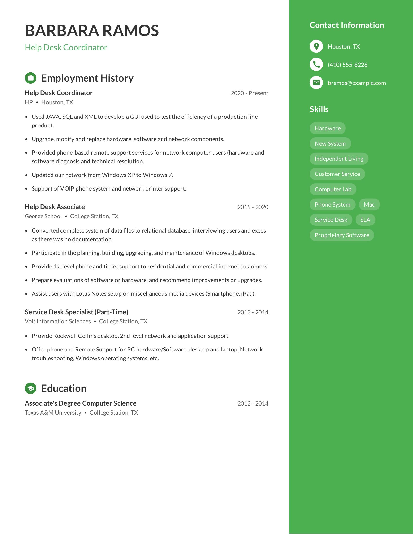 Help Desk Coordinator resume example