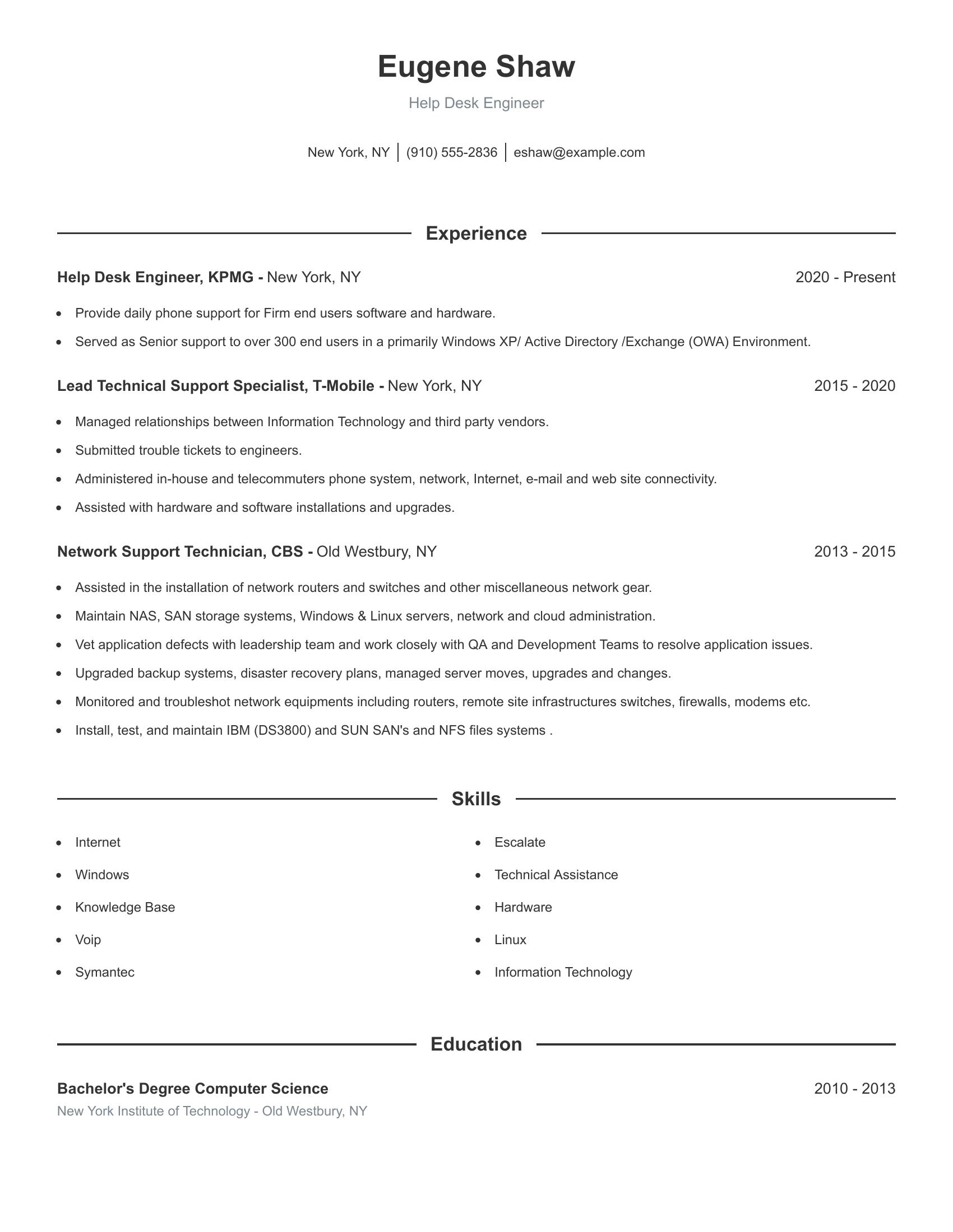 Help Desk Engineer resume example