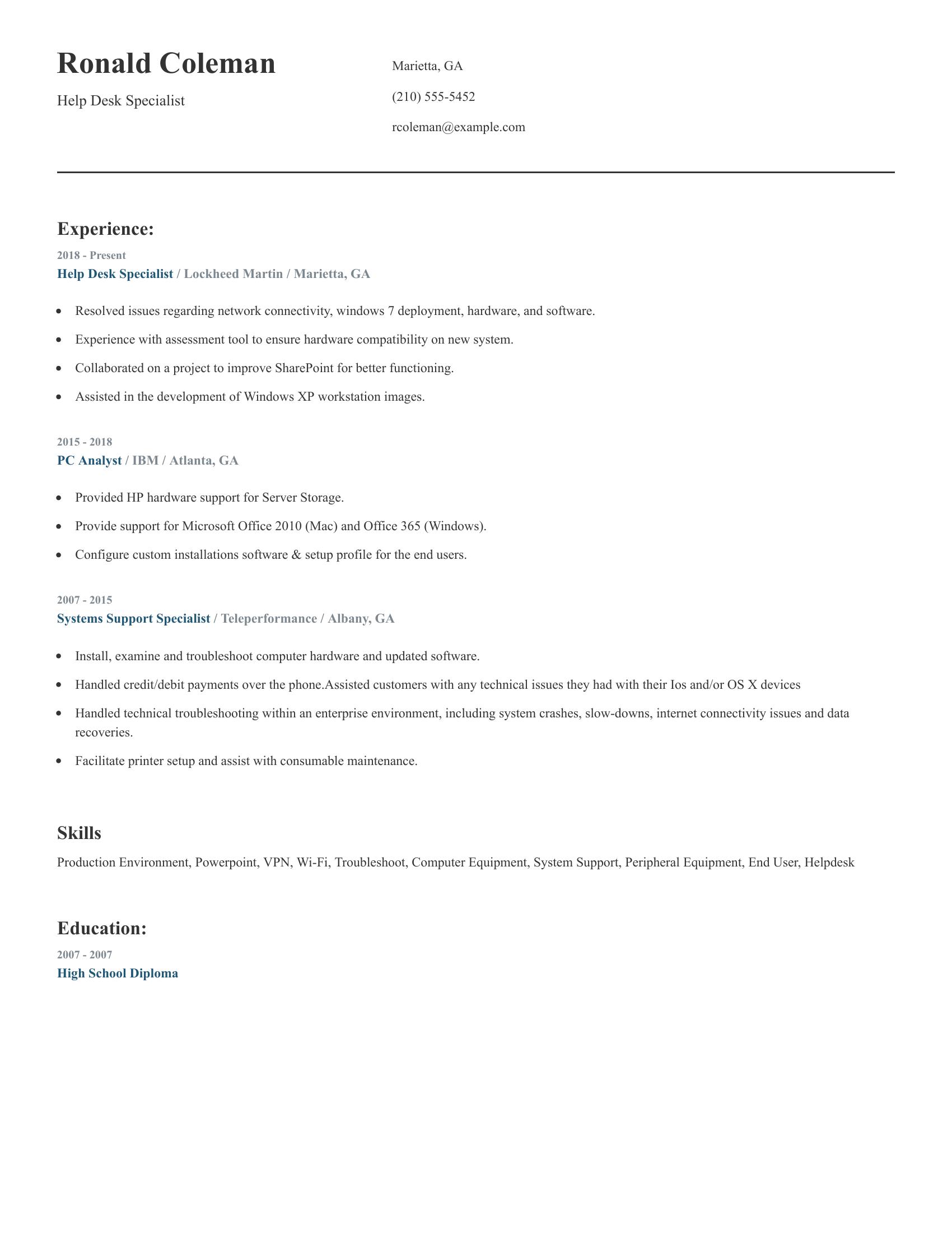 Help Desk Specialist resume example