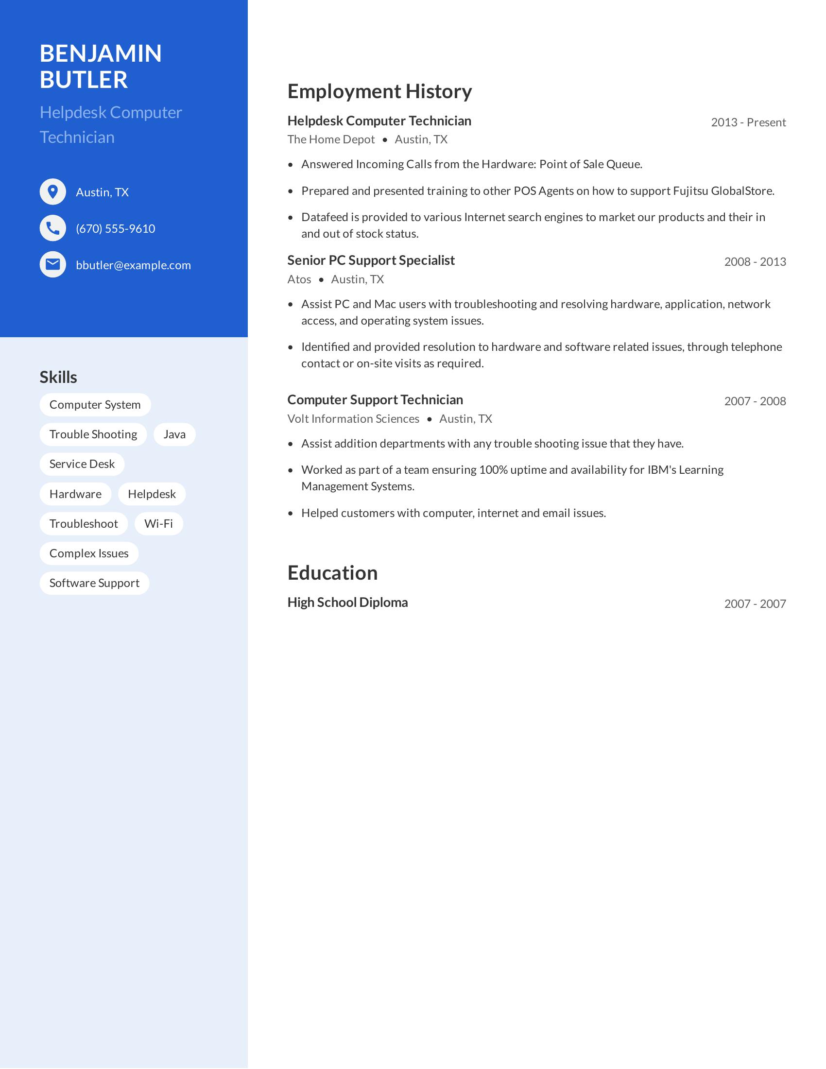 Helpdesk Computer Technician resume example