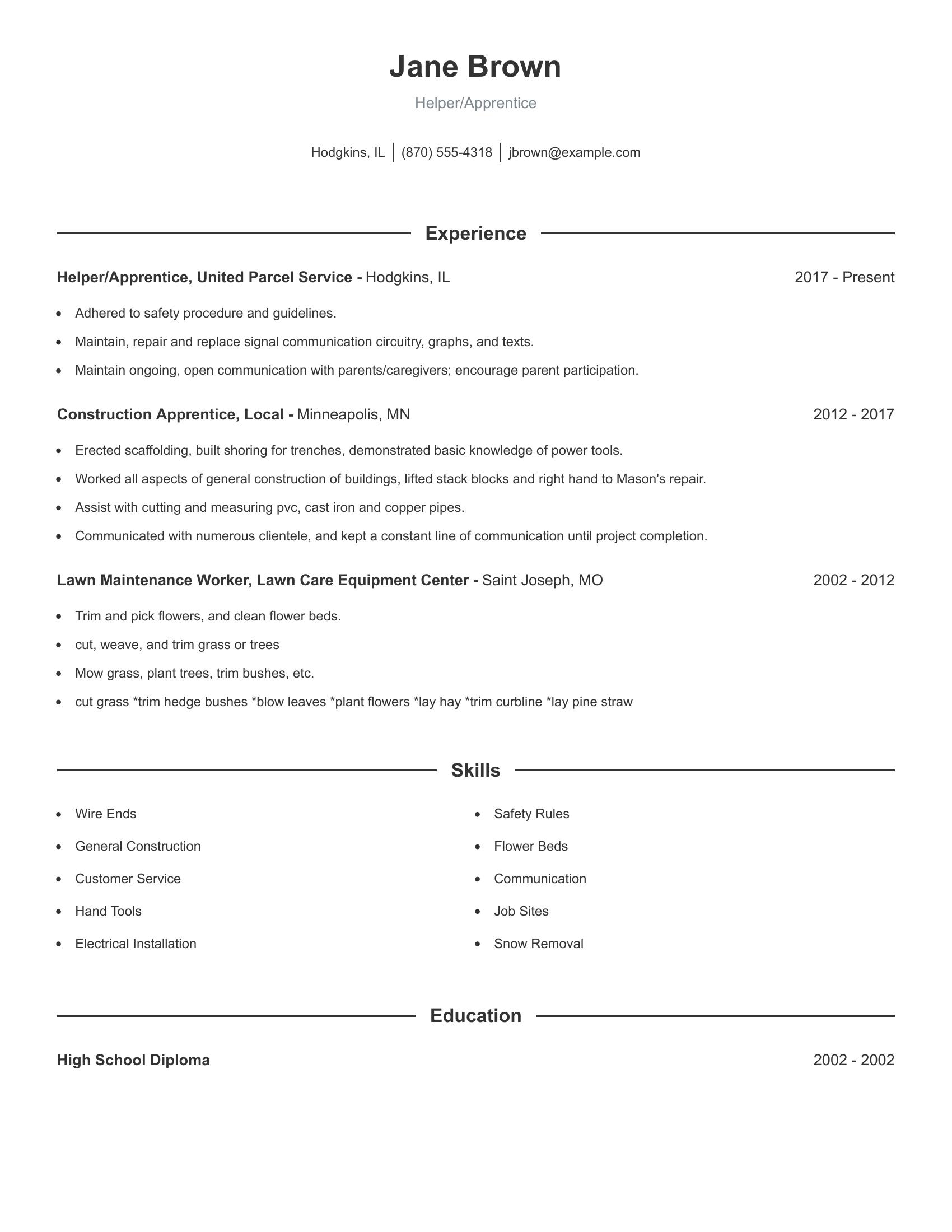 Helper/Apprentice resume example