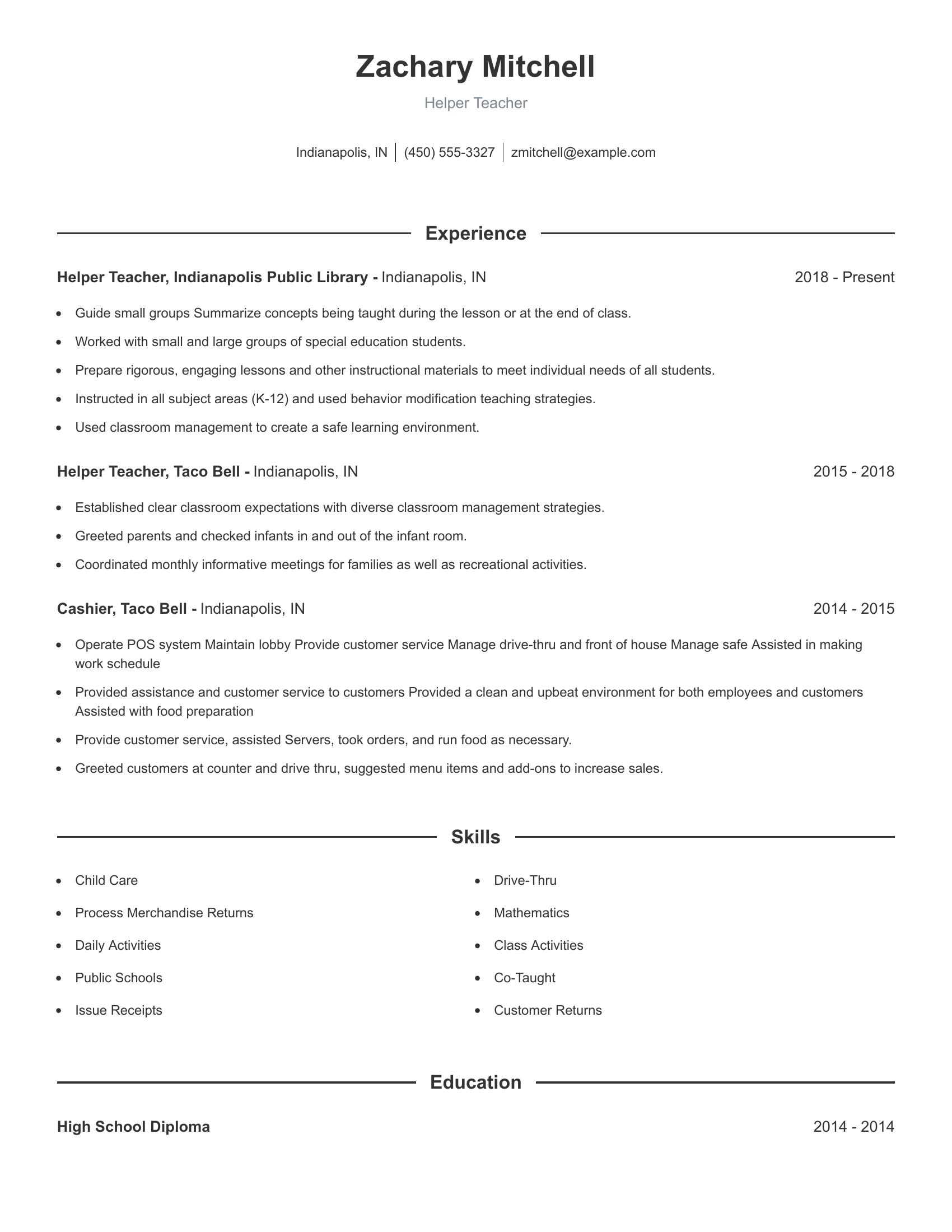 Helper Teacher resume example