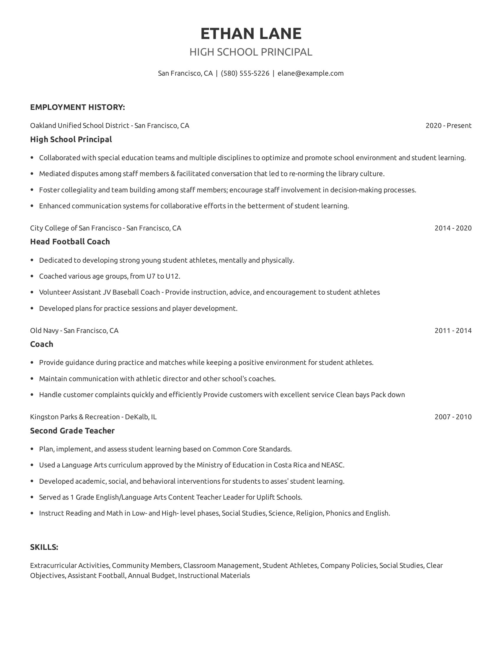 High School Principal resume example