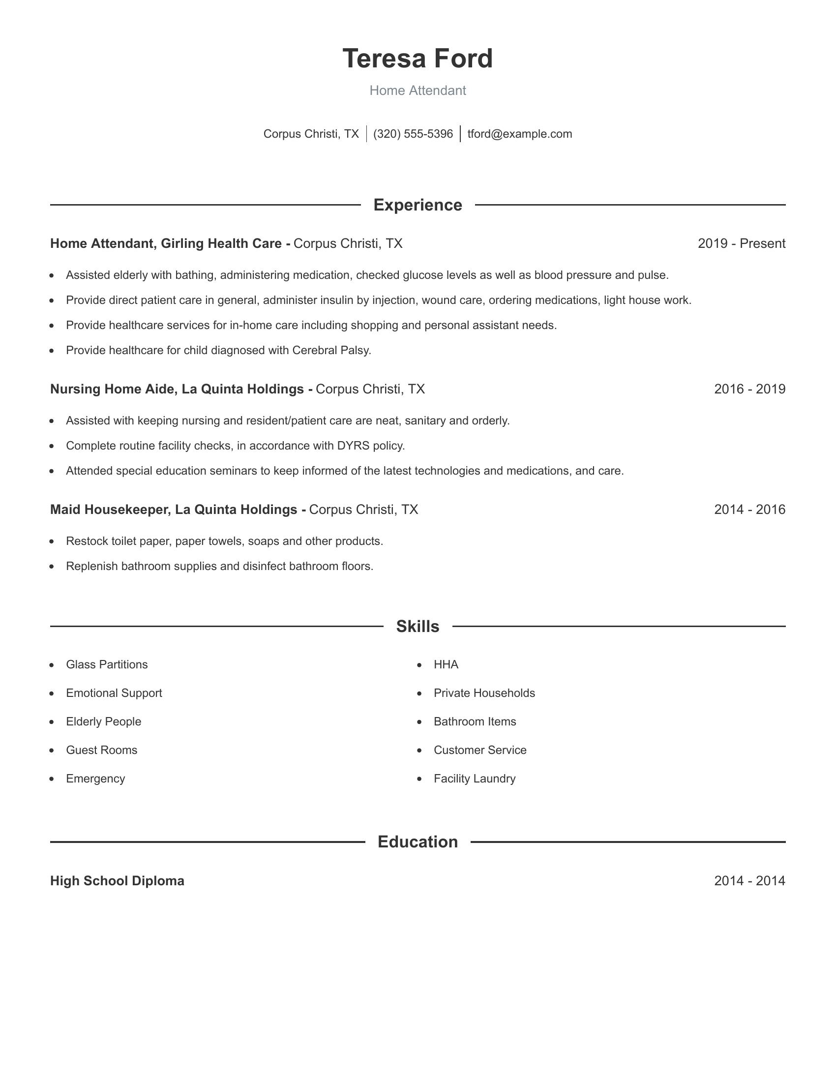 Home Attendant resume example