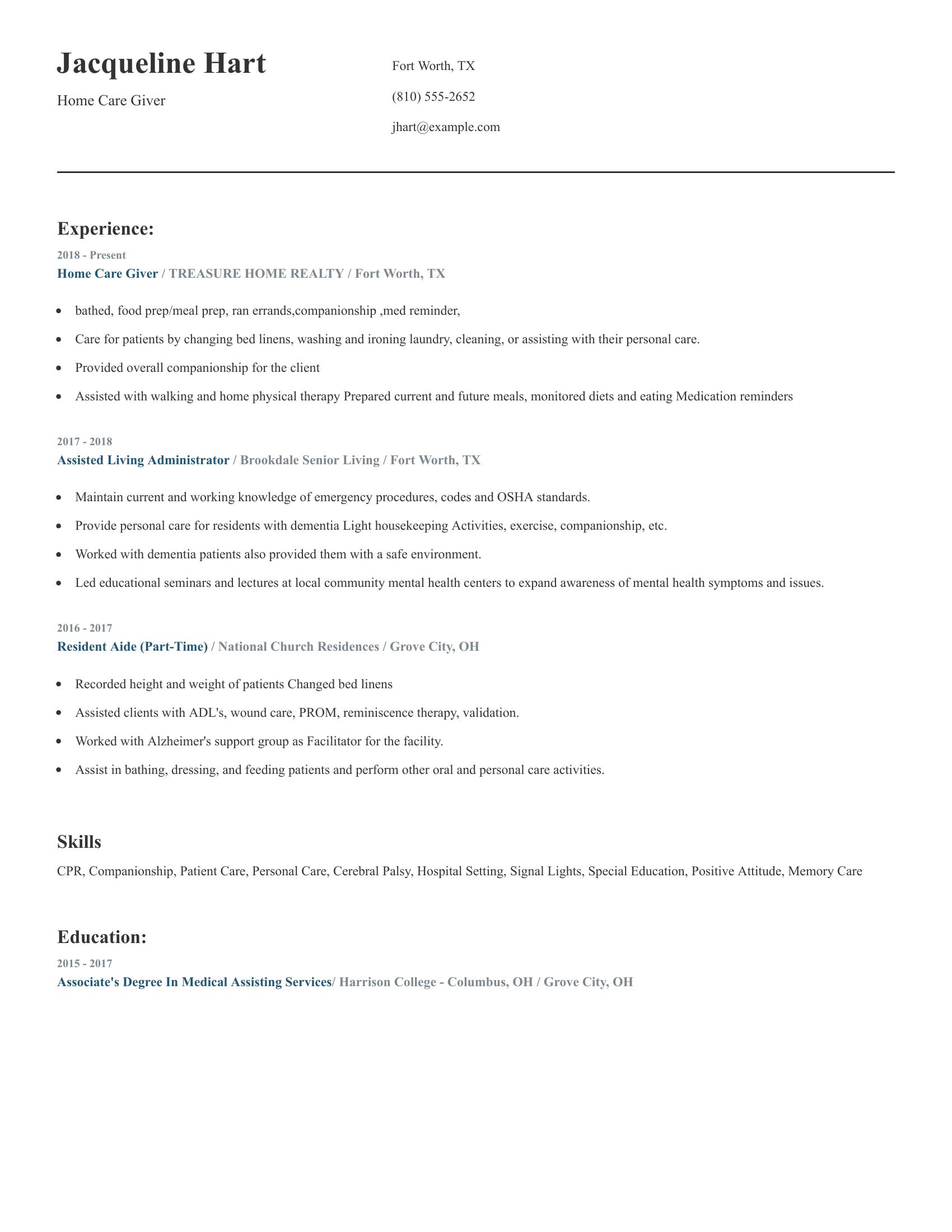 Home Care Giver resume example