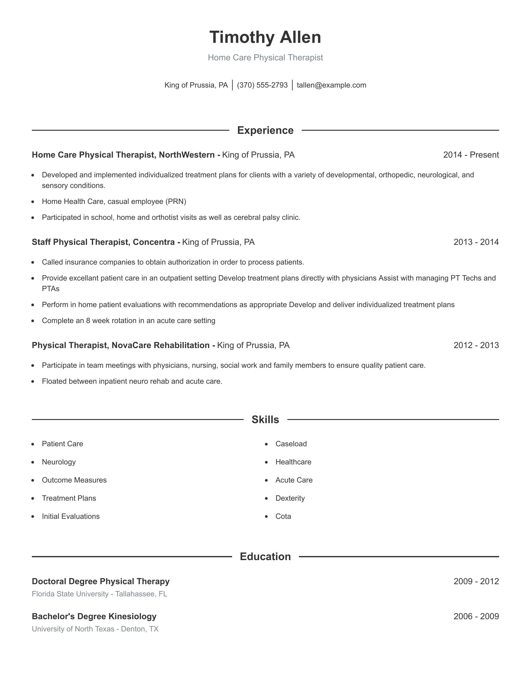 Home Care Physical Therapist resume example