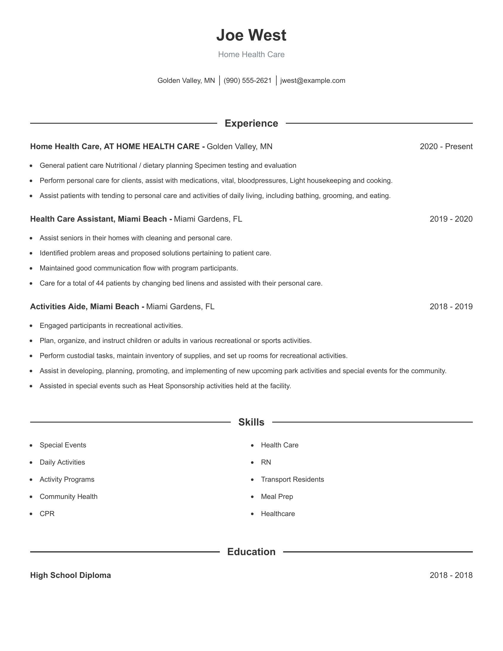 Home Health Care resume example