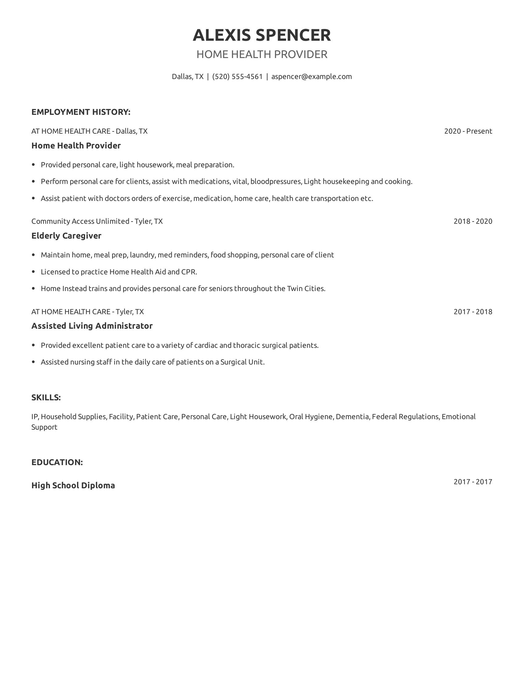 Home Health Provider resume example